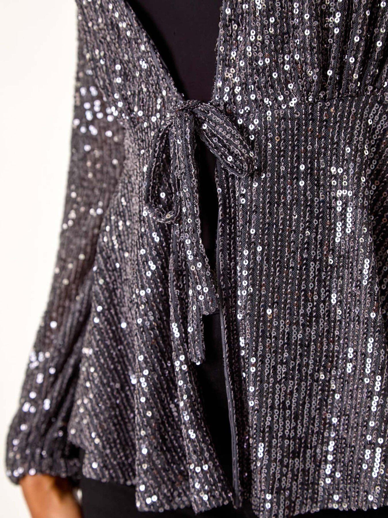 Image 5 of 5 of Roman Sequin Tie Front Stretch Top - Grey