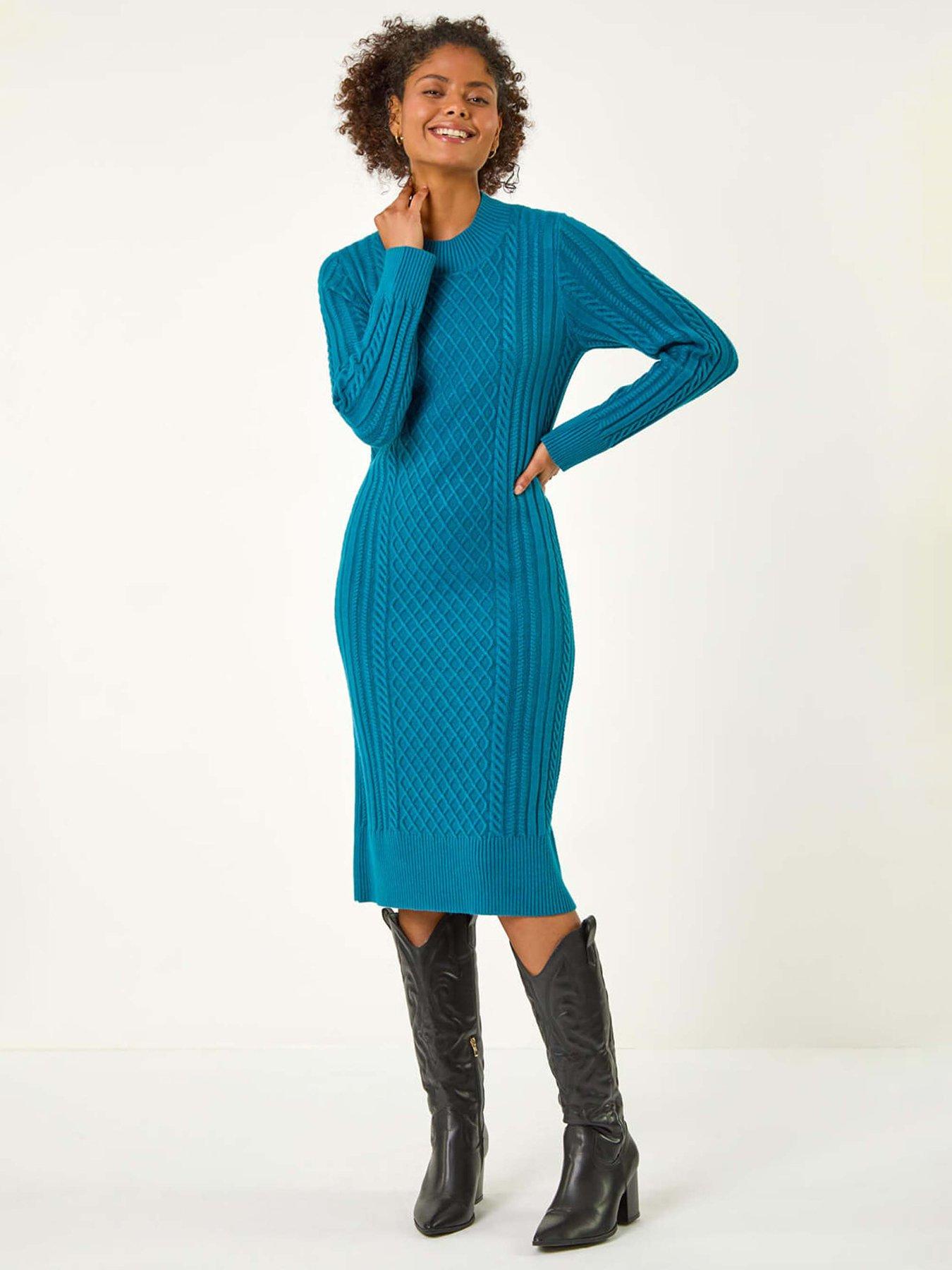 Roman Dusk Cable Knit Midi Jumper Dress - Teal