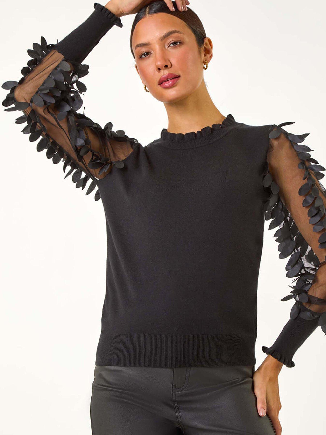 undefined Sheer Feather Sleeved Jumper - Black