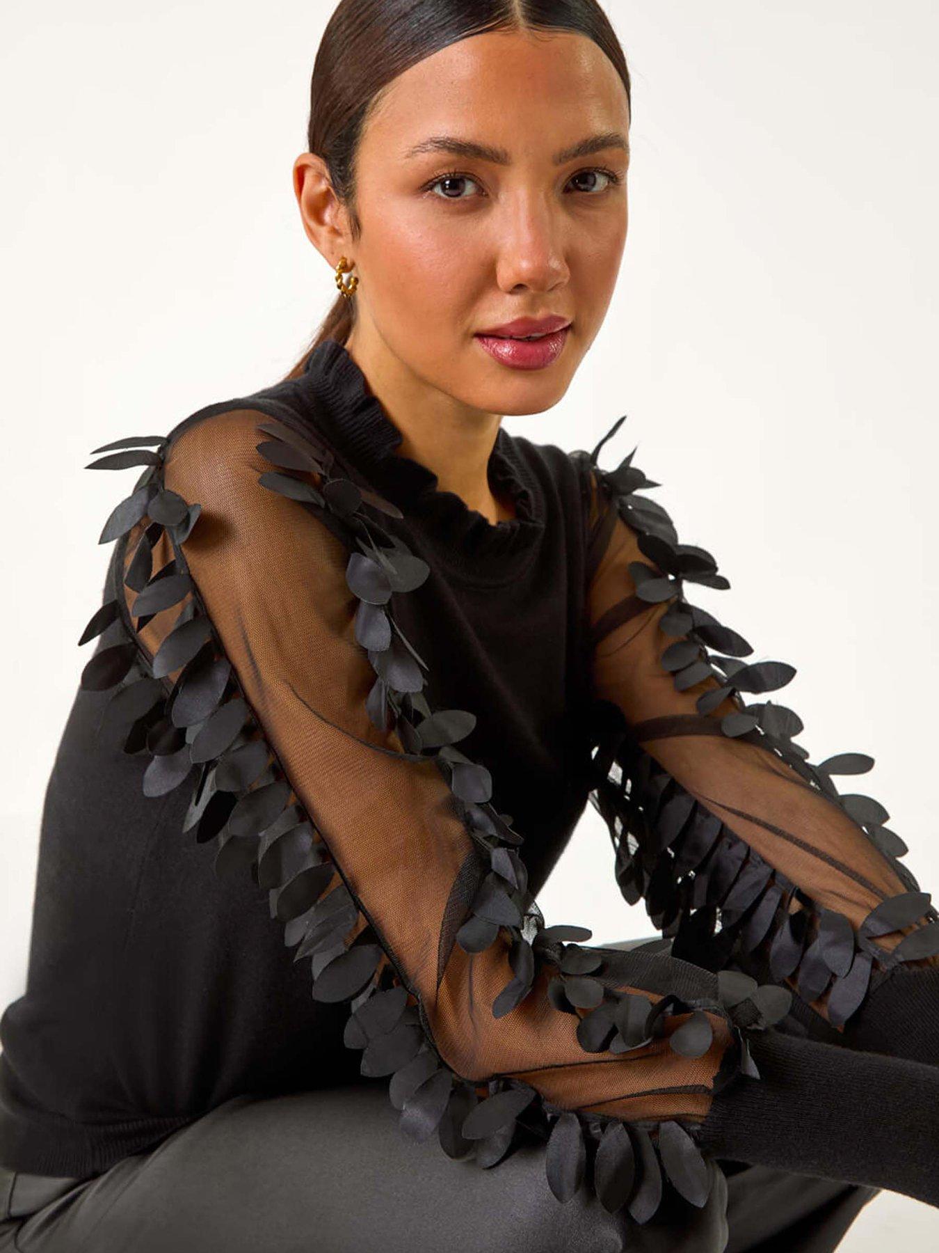Image 4 of 5 of Roman Sheer Feather Sleeved Jumper - Black