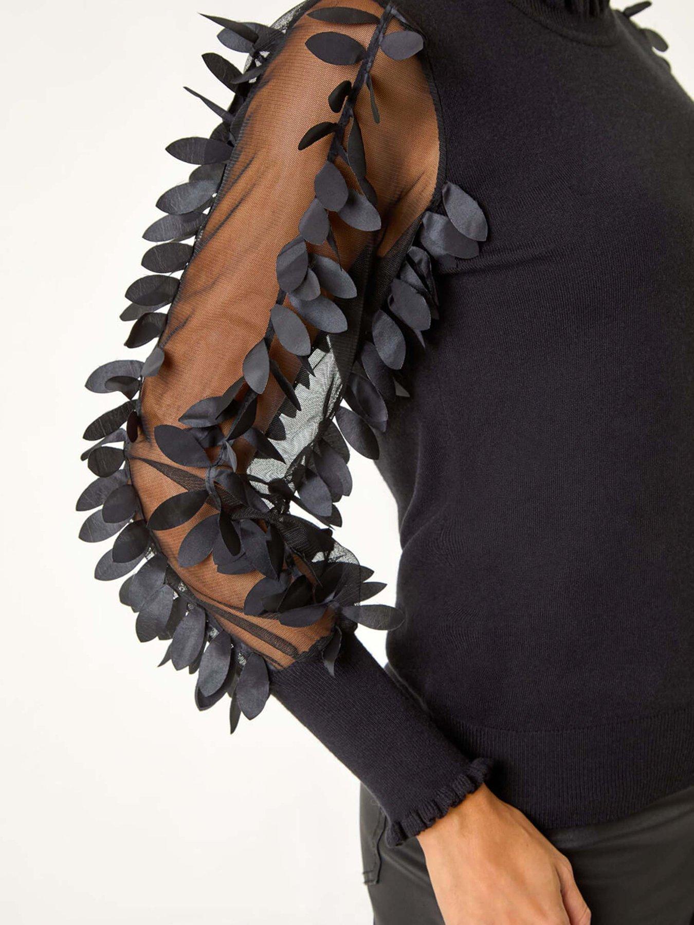 Image 5 of 5 of Roman Sheer Feather Sleeved Jumper - Black