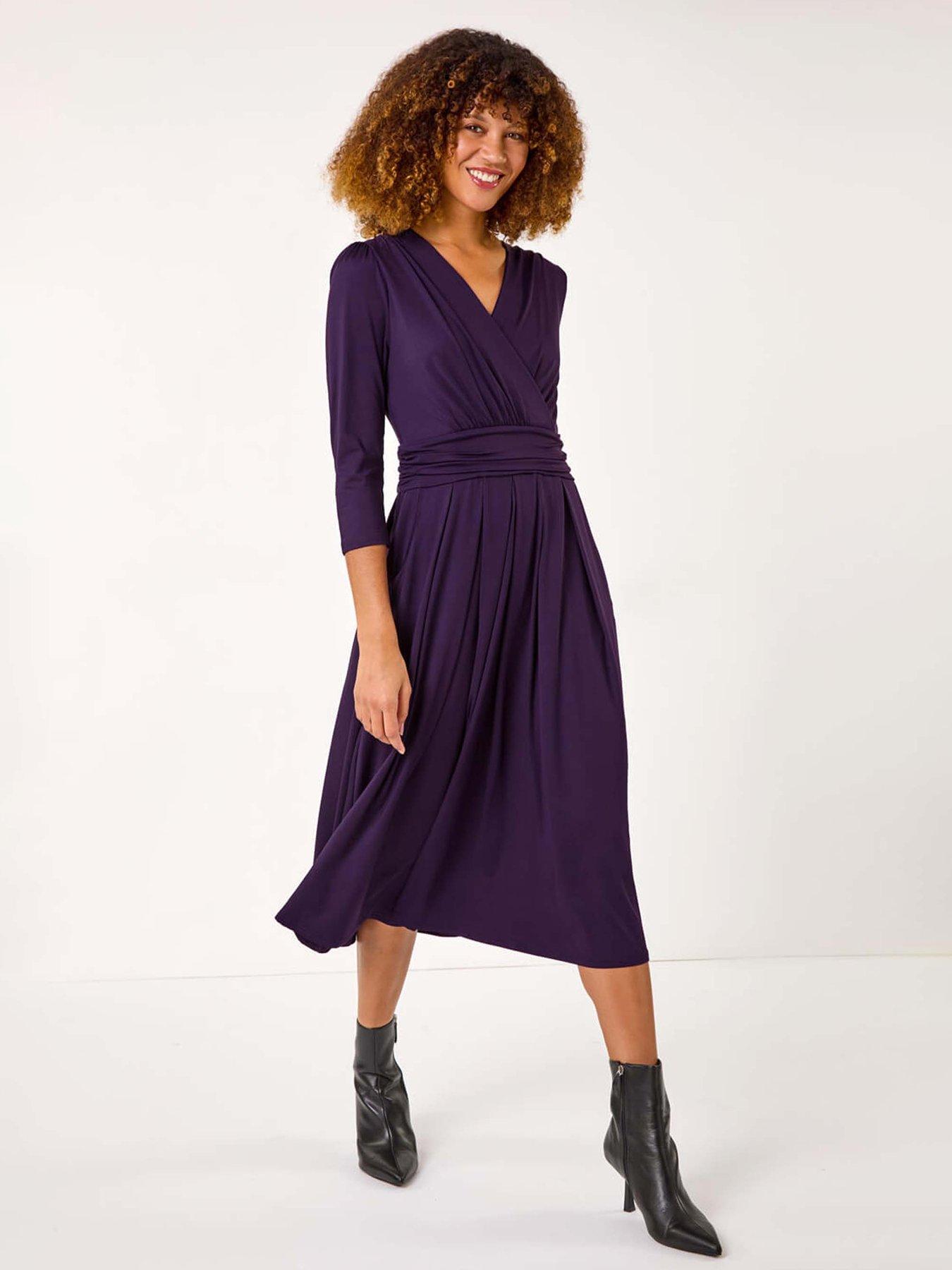Roman Mock Wrap V-neck Stretch Midi Dress - Purple