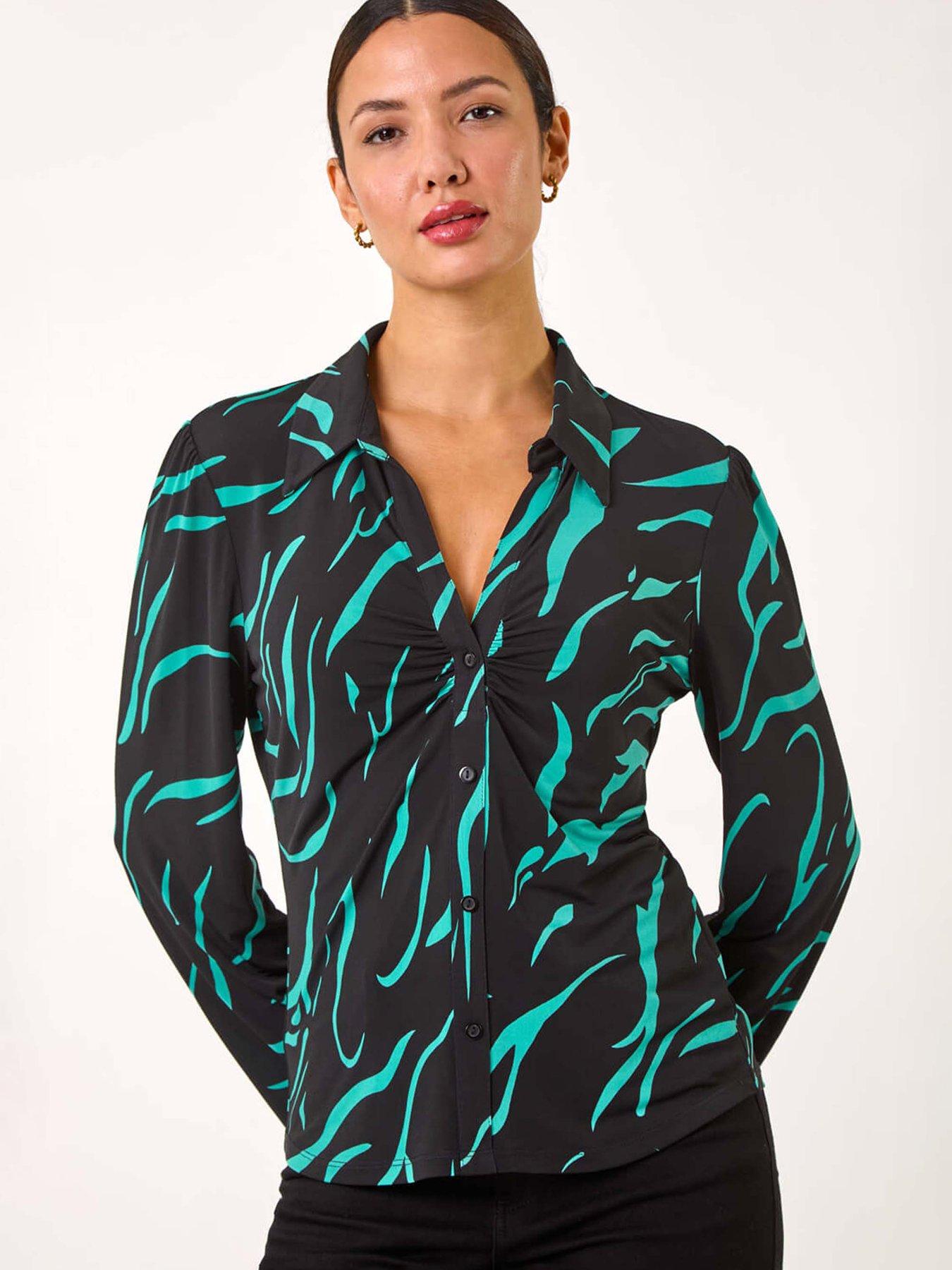 Roman Abstract Linear Print Stretch Blouse - Teal