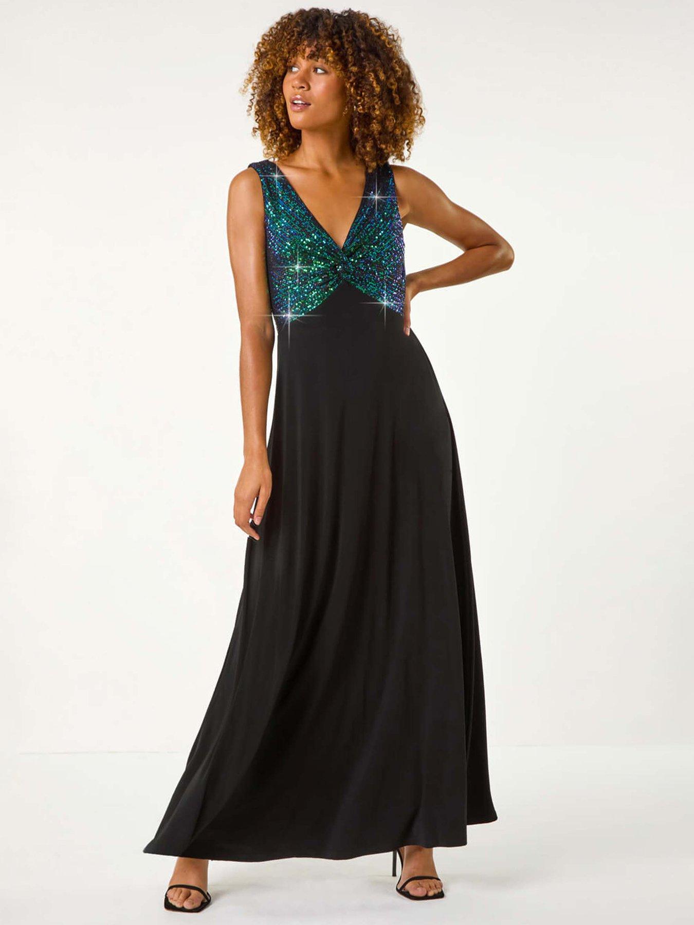 Roman Contrast Sequin Bodice Maxi Dress - Green