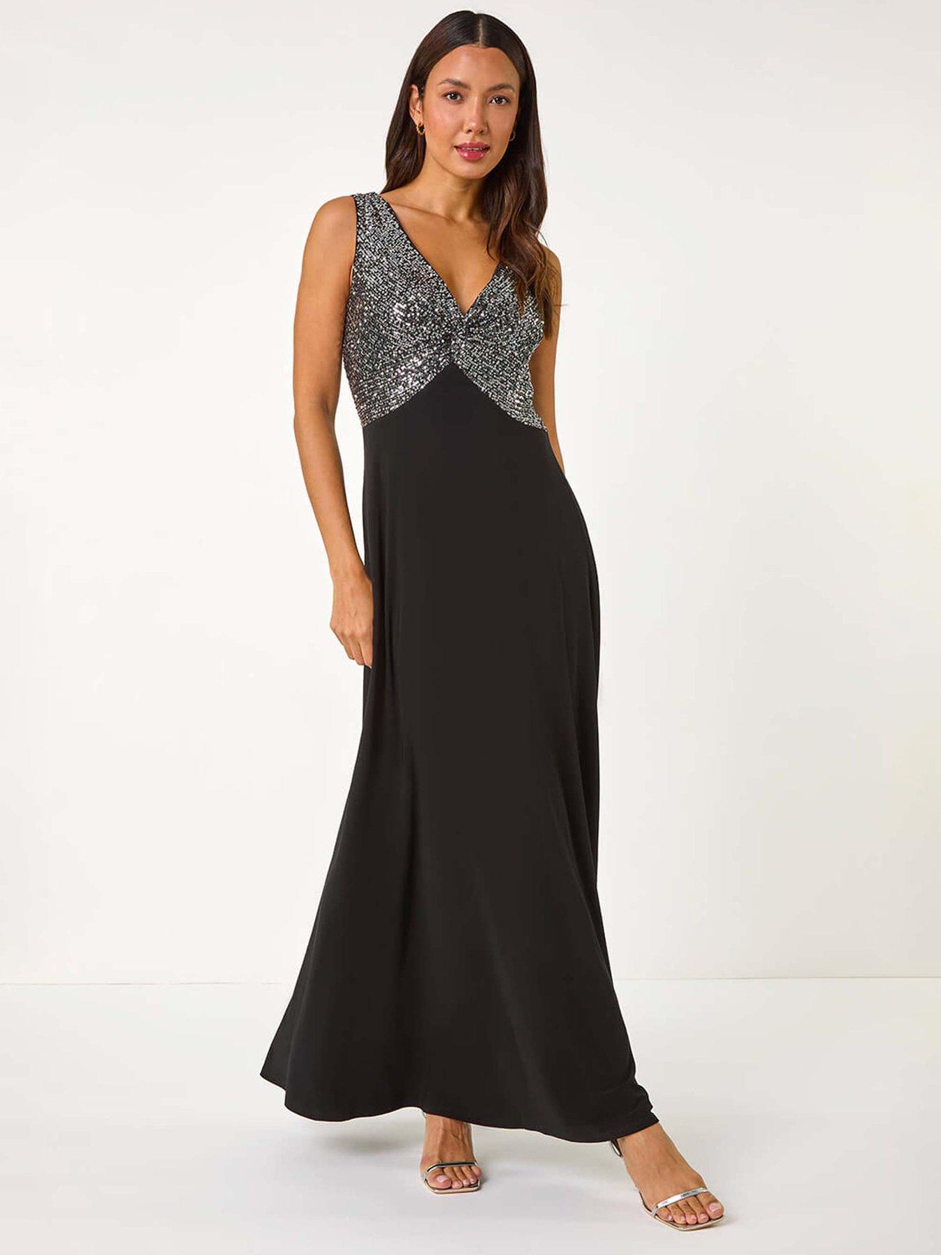 Roman Contrast Sequin Bodice Maxi Dress - Silver
