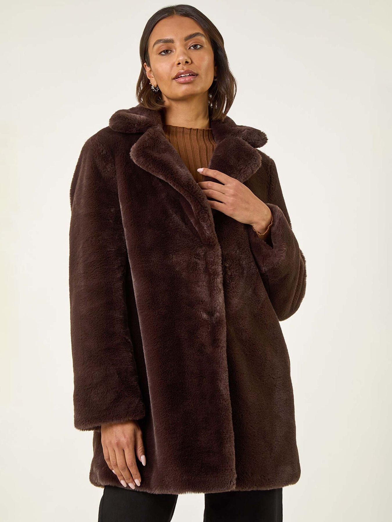  image of roman-faux-fur-longline-coat-chocolate