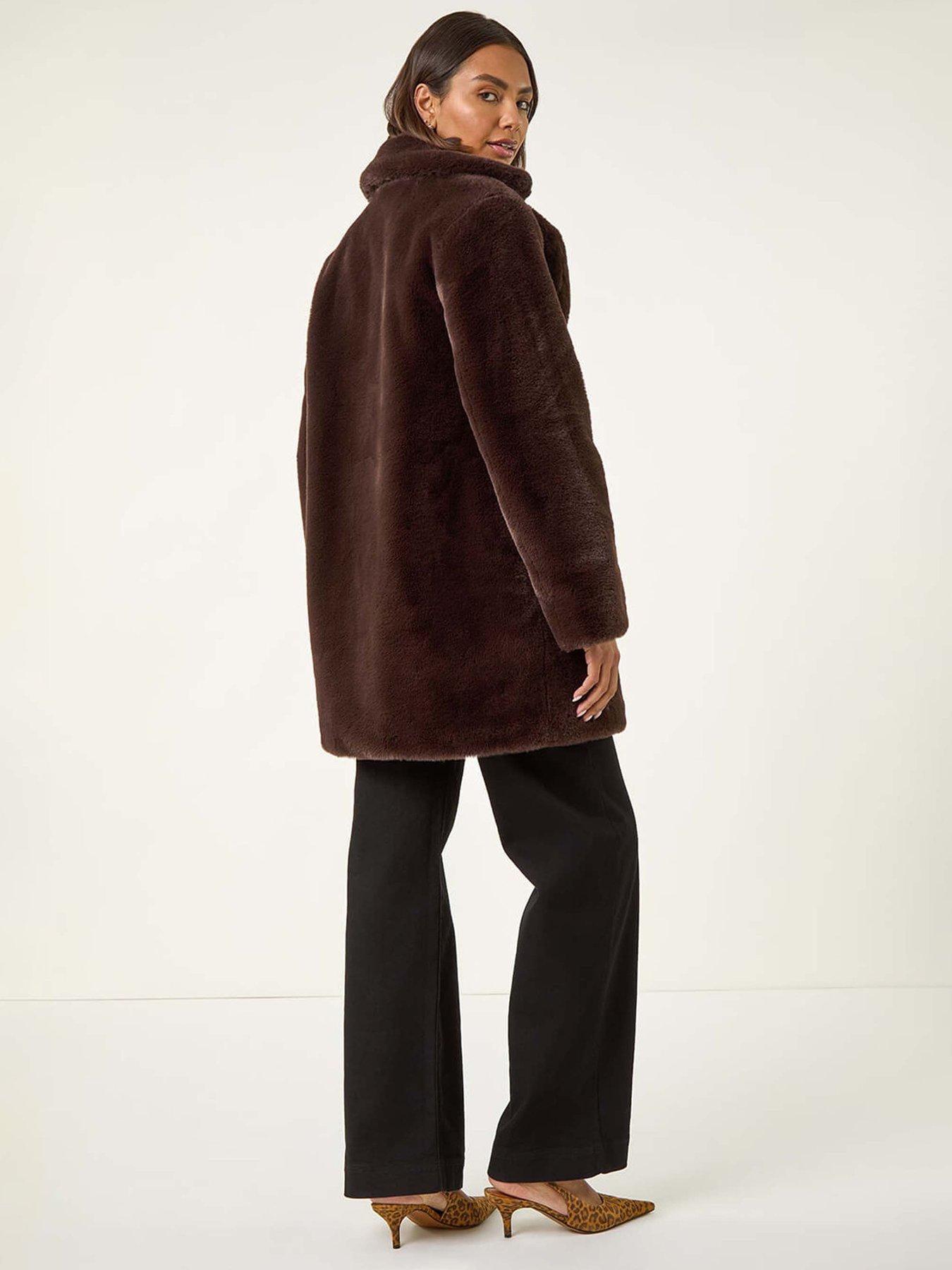  image of roman-faux-fur-longline-coat-chocolate