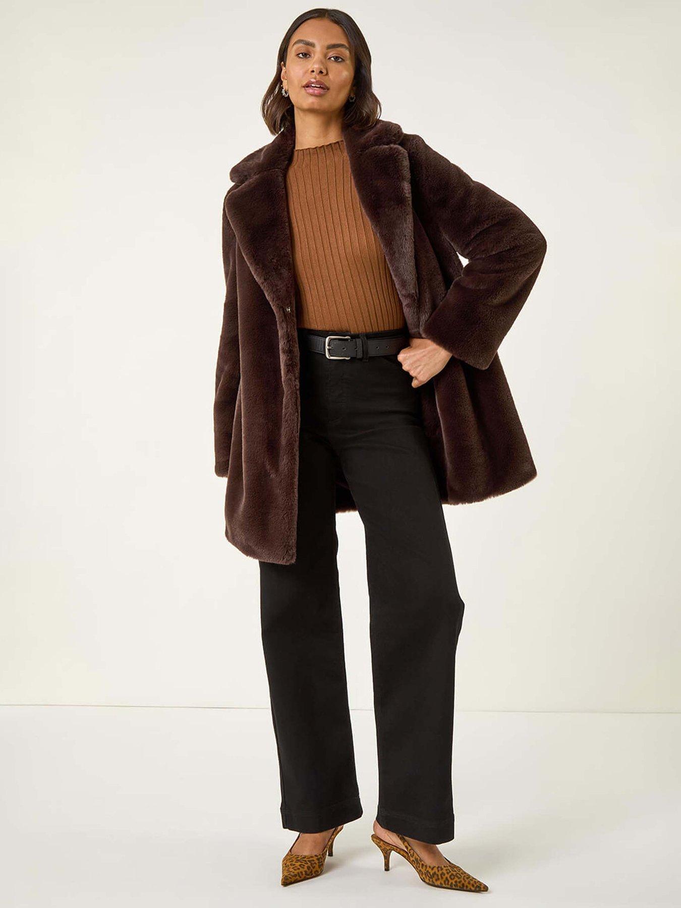  image of roman-faux-fur-longline-coat-chocolate
