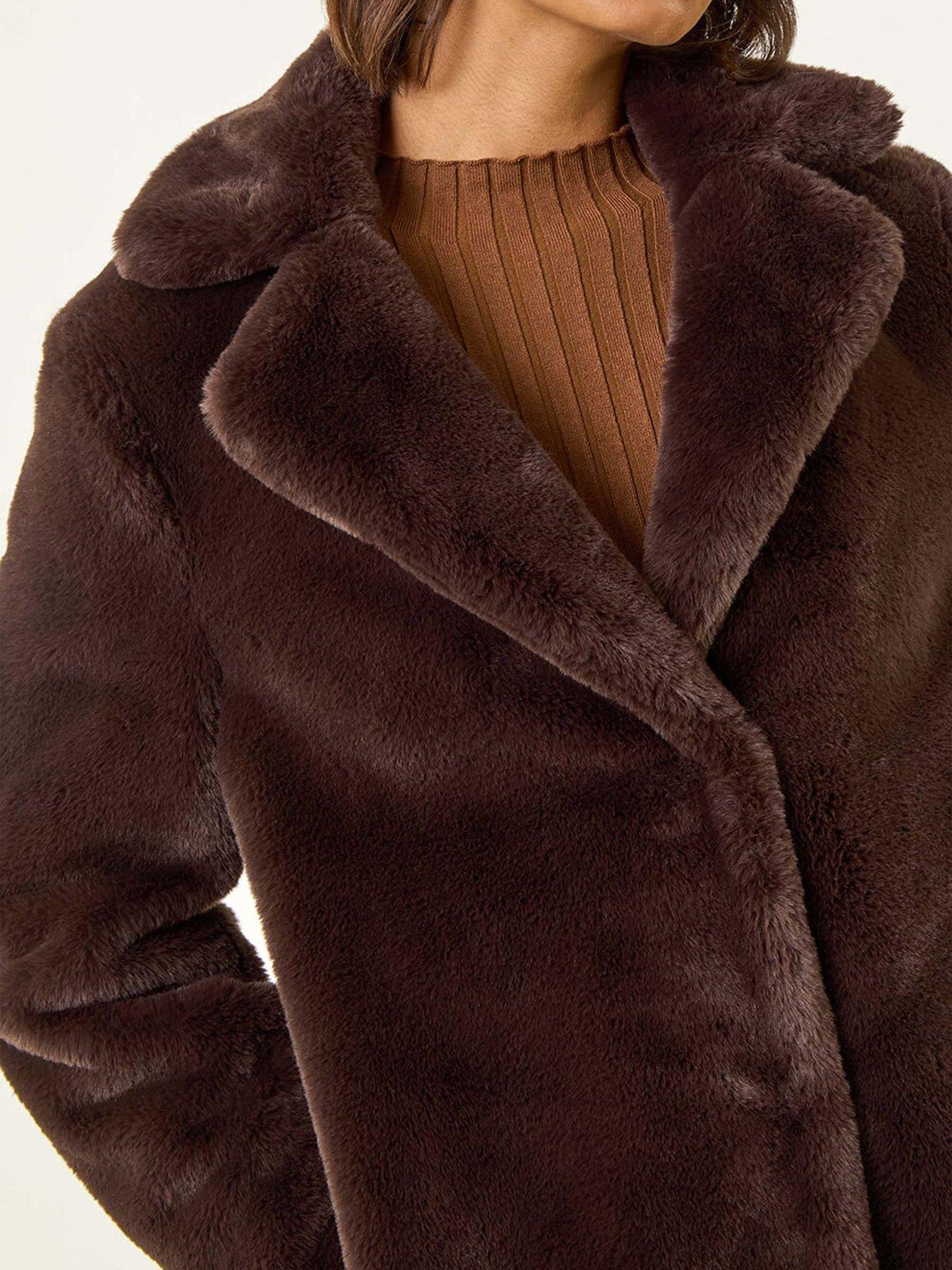  image of roman-faux-fur-longline-coat-chocolate