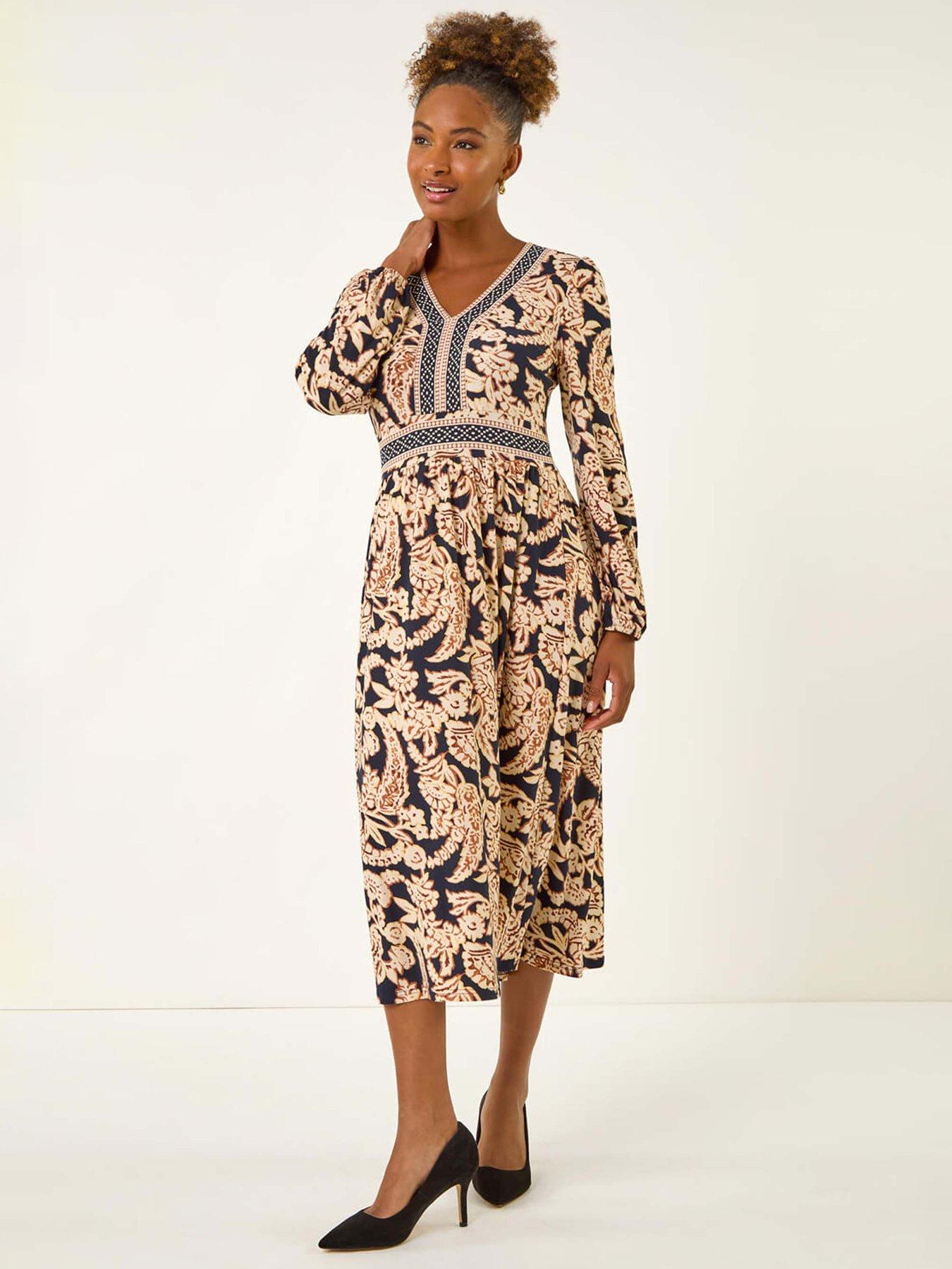 undefined Floral Border Print Midi Dress - Tan
