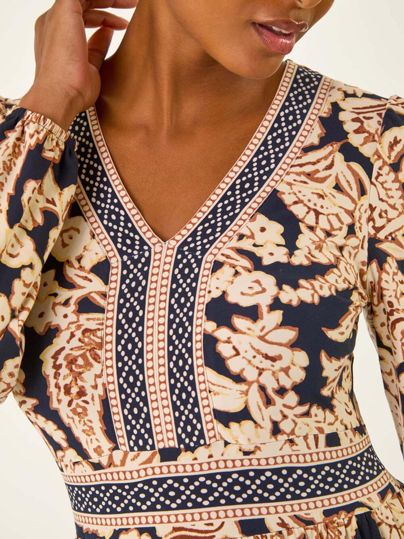 Image 5 of 5 of Roman Floral Border Print Midi Dress - Tan