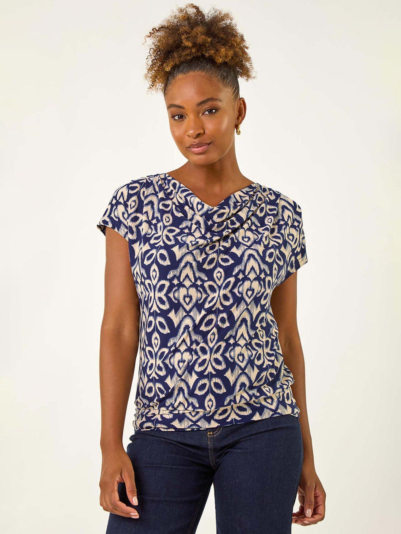 undefined Geo Print Cowl Neck Stretch Top - Navy