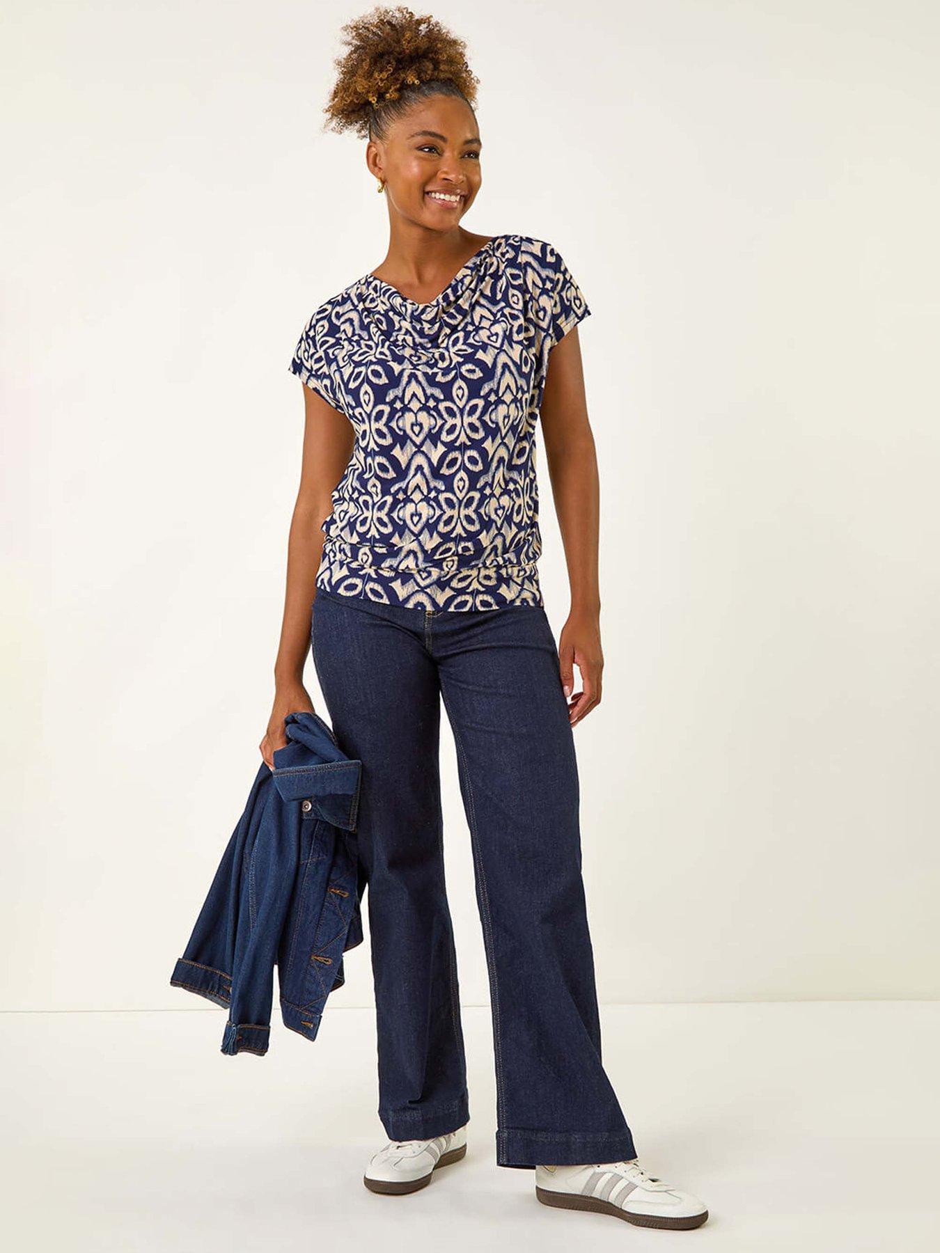 Image 3 of 5 of Roman Geo Print Cowl Neck Stretch Top - Navy