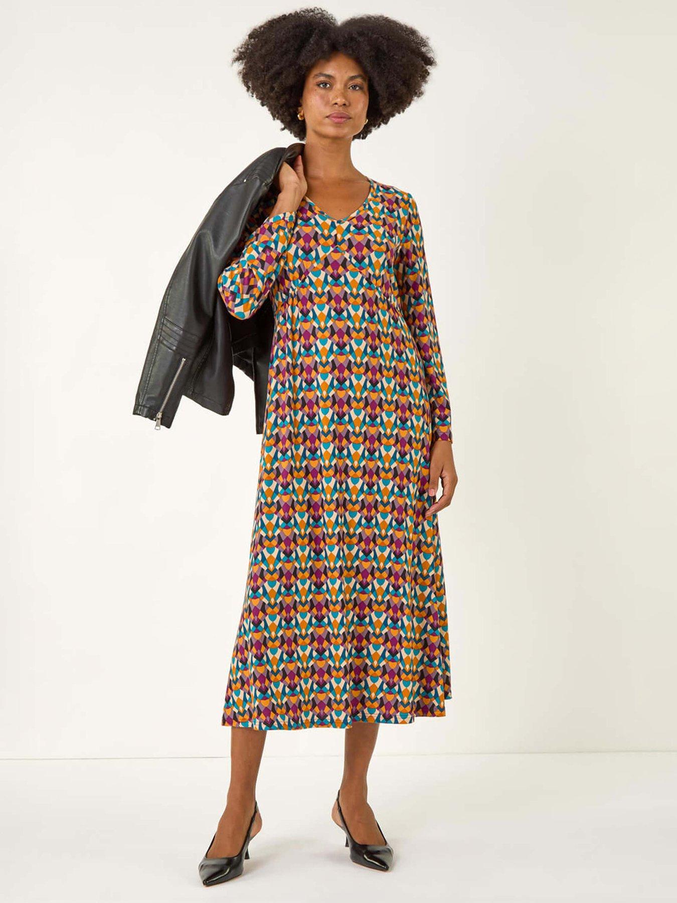undefined Geo Print Stretch Midi Dress - Orange