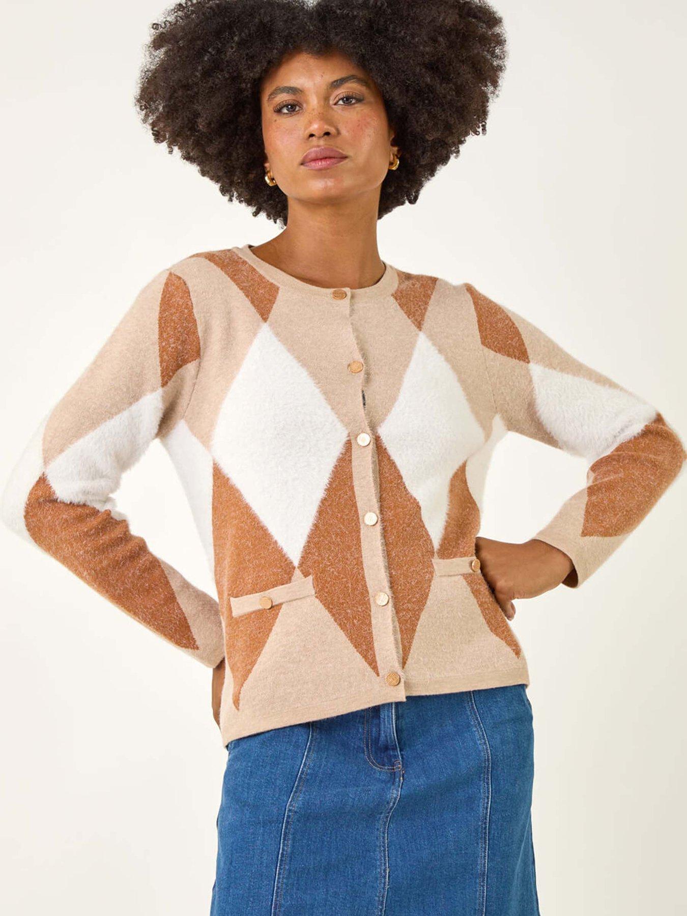 Roman Geometric Buttoned Knit Cardigan - Beige
