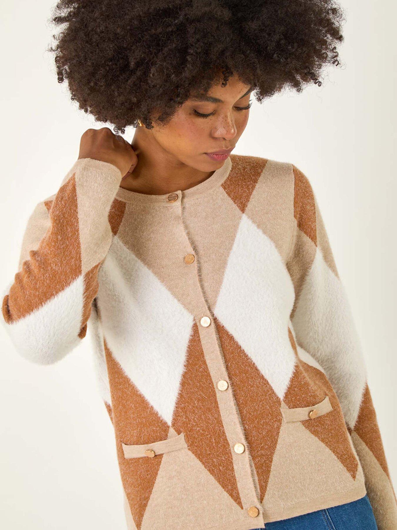 Image 4 of 5 of Roman Geometric Buttoned Knit Cardigan - Beige