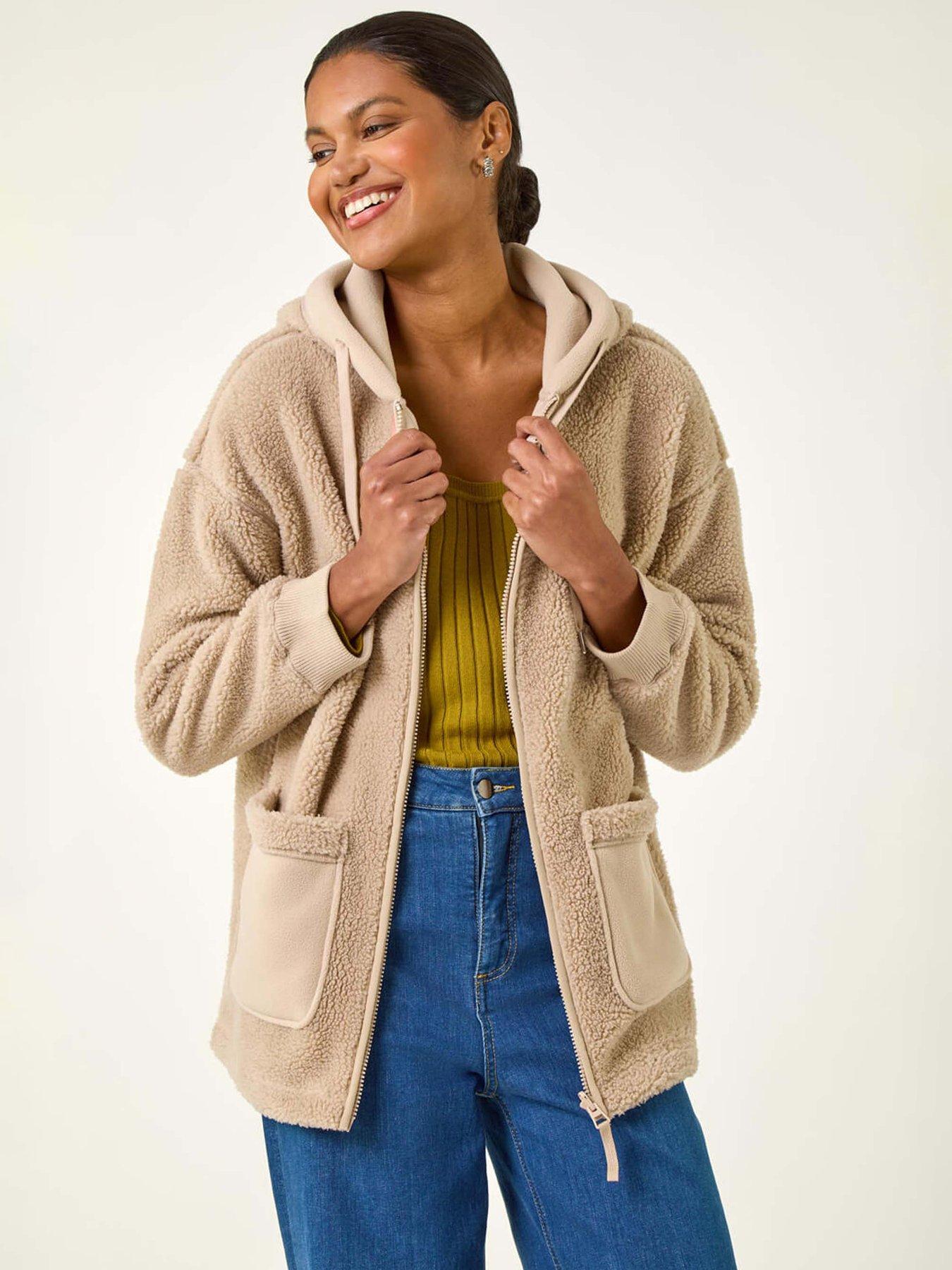 undefined Hooded Borg Zip Through Jacket - Stone