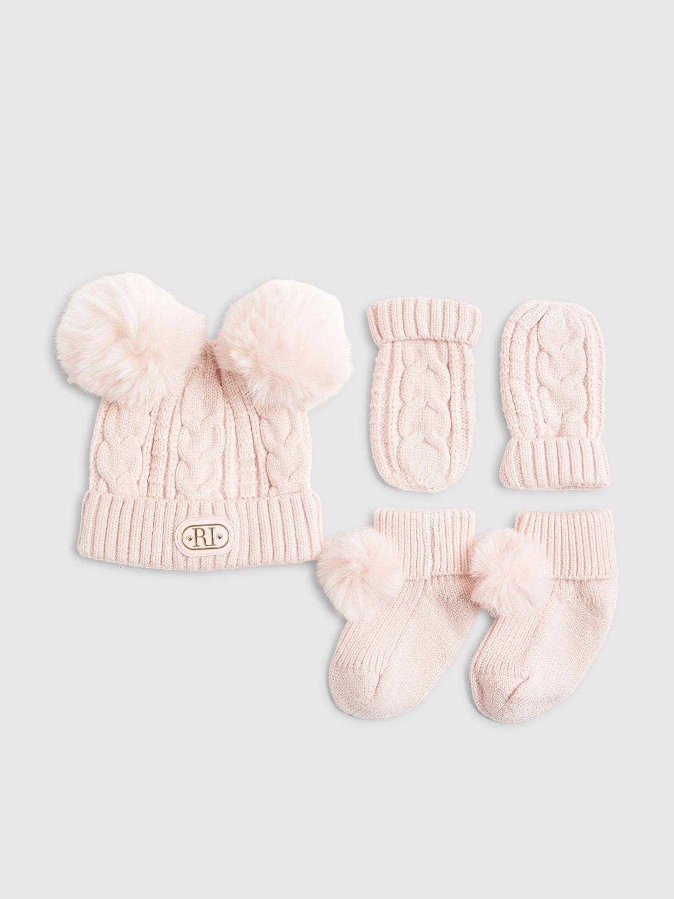 River Island Baby Girls Pom Beanie 3 Piece Bundle - Pink