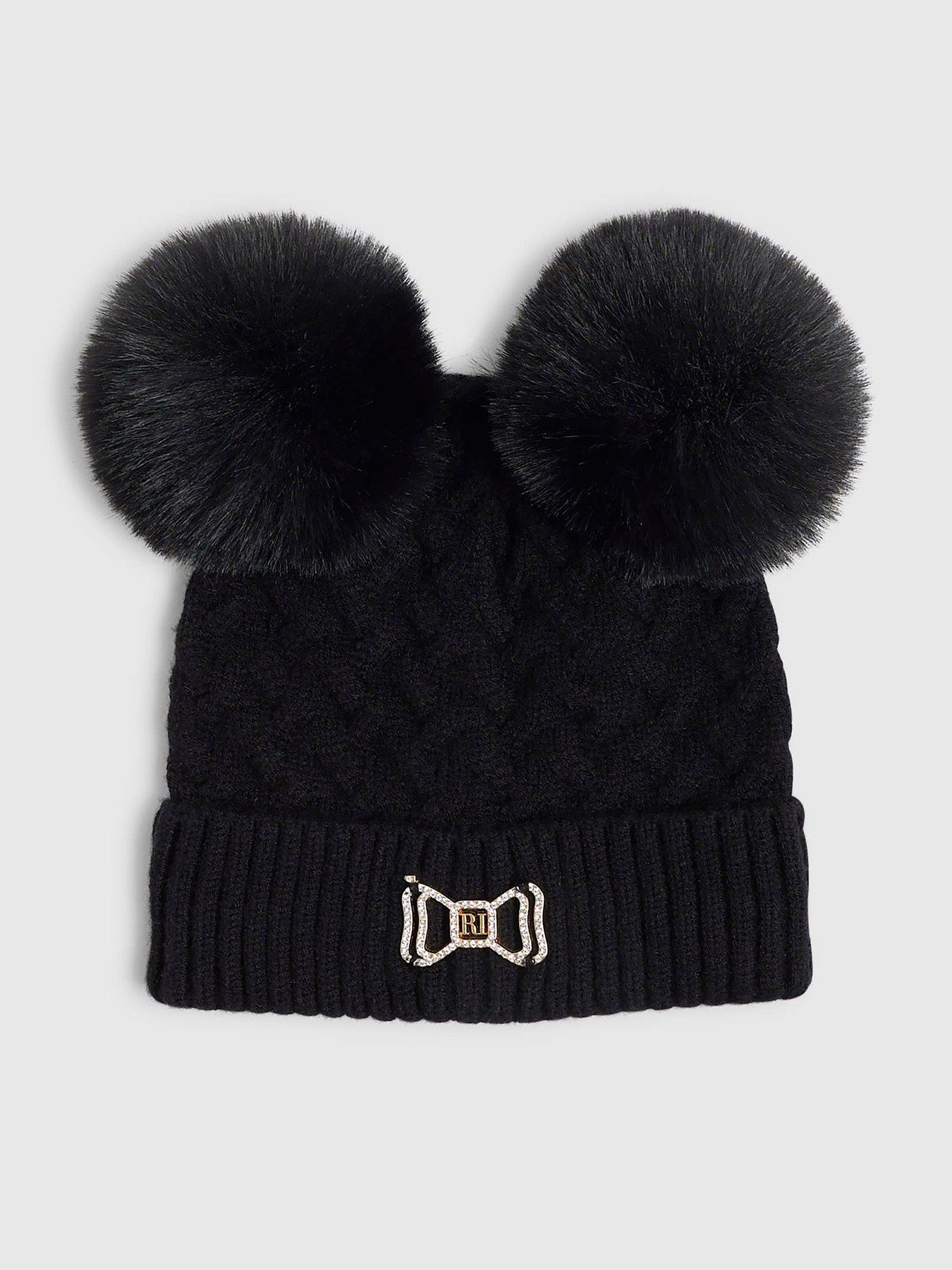 Image 1 of 3 of River Island Mini Girls Double Pom Beanie - Black