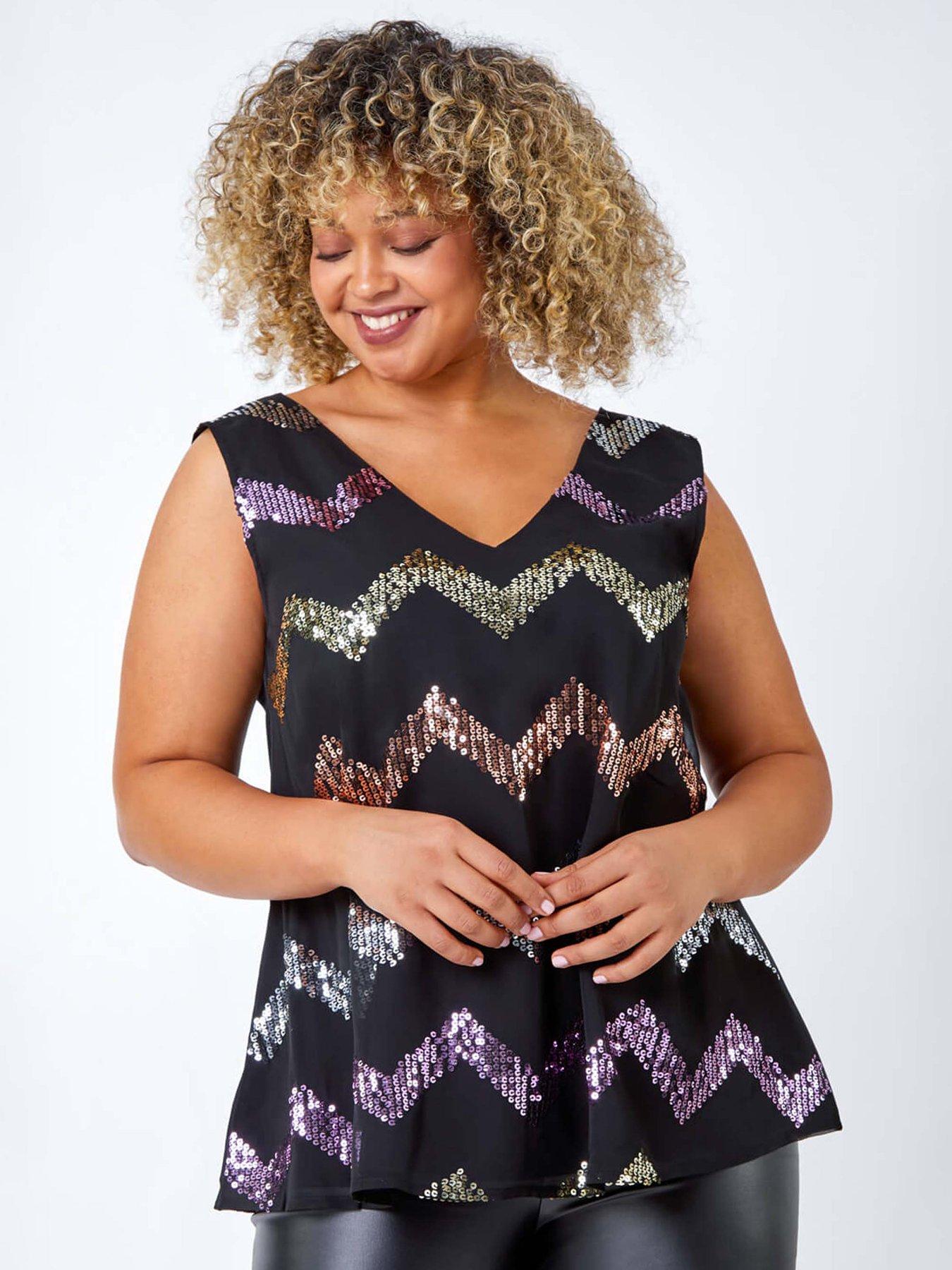 Roman Curve Sequin Zig Zag Cami Top - Black