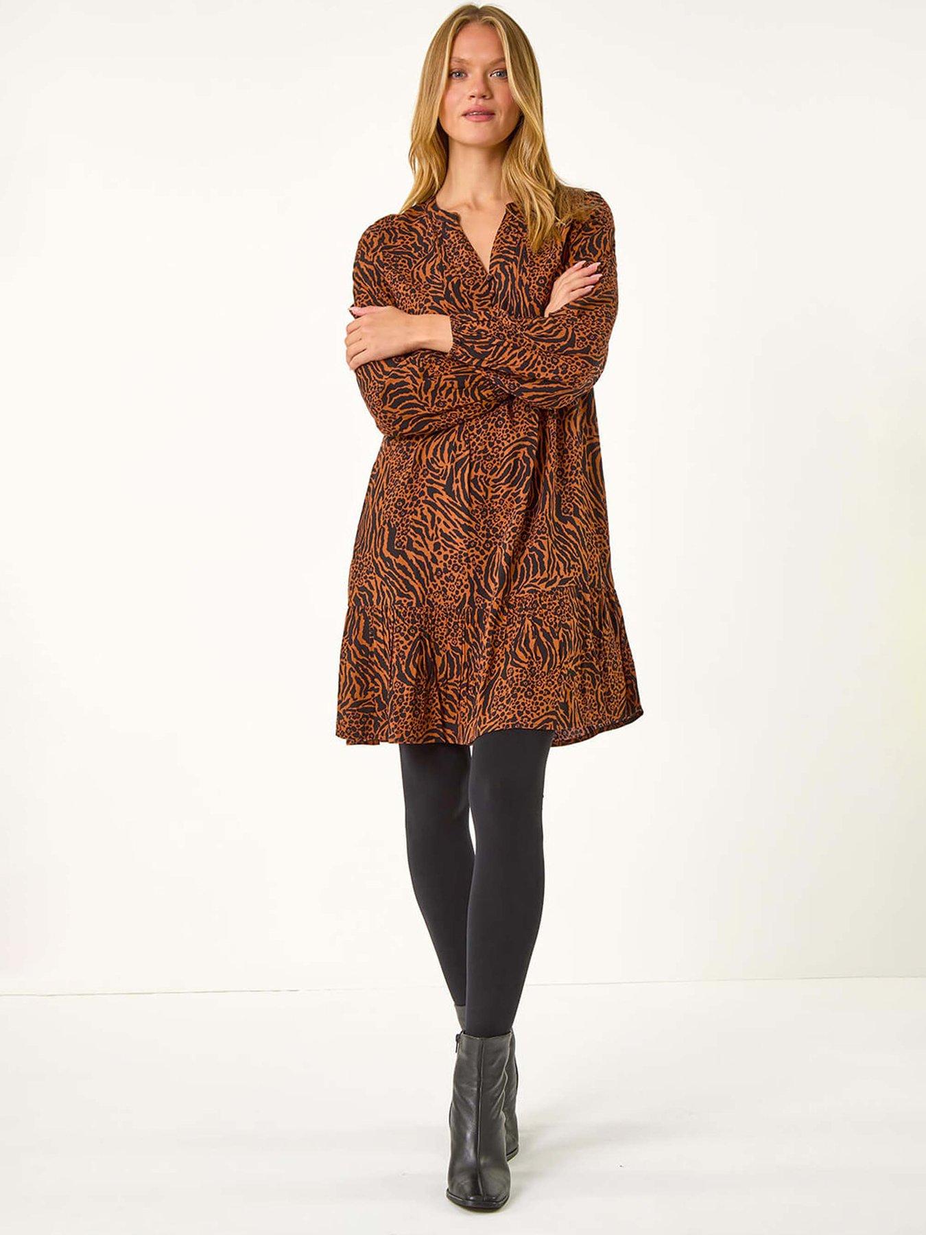 Roman Animal Print Pintuck Smock Dress - Rust