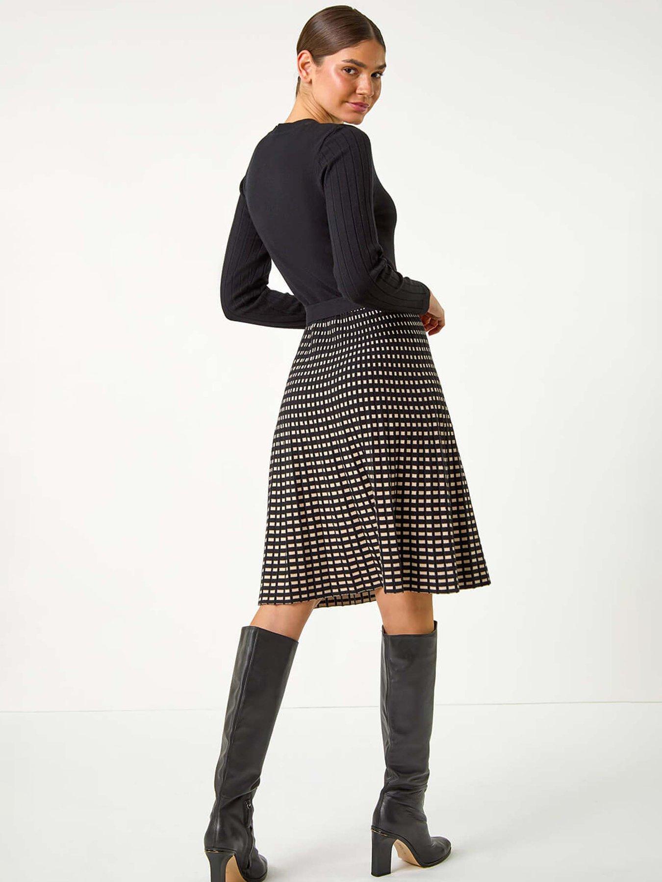 Image 2 of 5 of Roman Check Print Belted Jumper Dress - Black