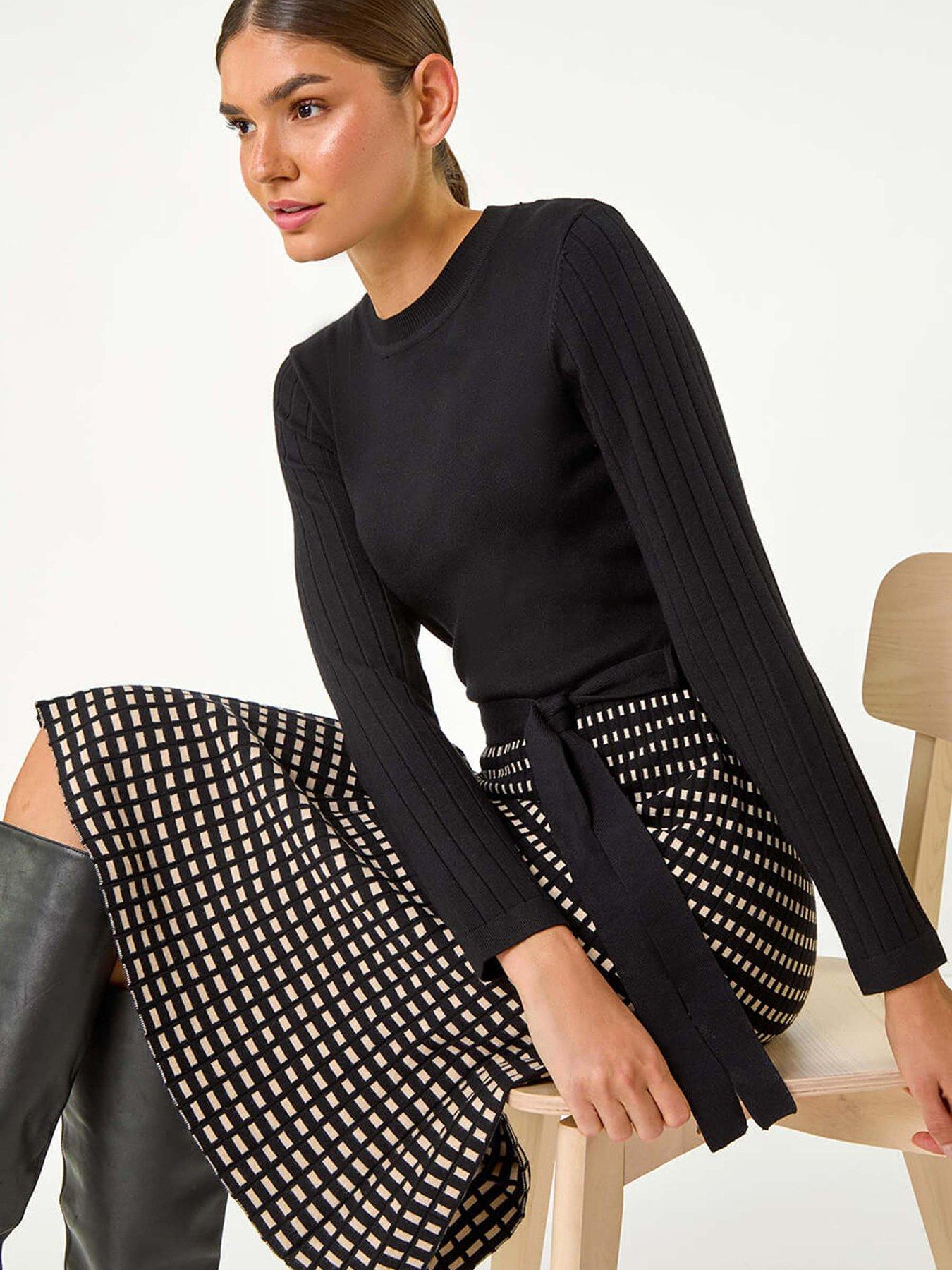 Image 4 of 5 of Roman Check Print Belted Jumper Dress - Black