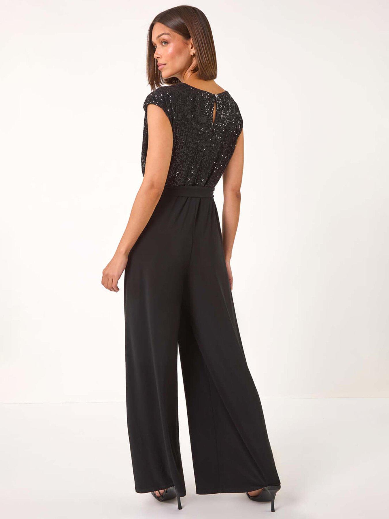 Image 2 of 5 of Roman Sequin Bodice Cowl Neck Jumpsuit - Black