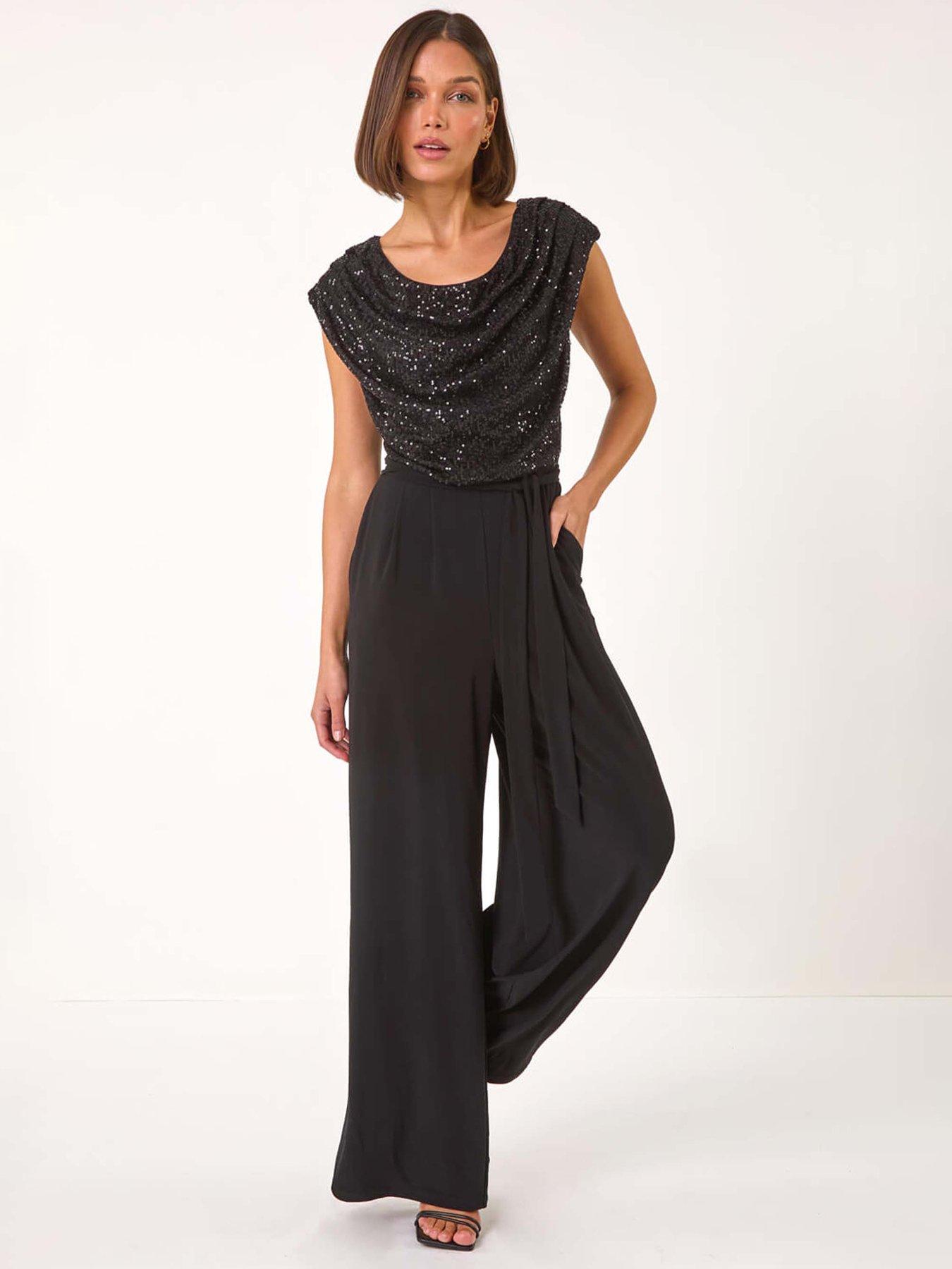 Image 3 of 5 of Roman Sequin Bodice Cowl Neck Jumpsuit - Black