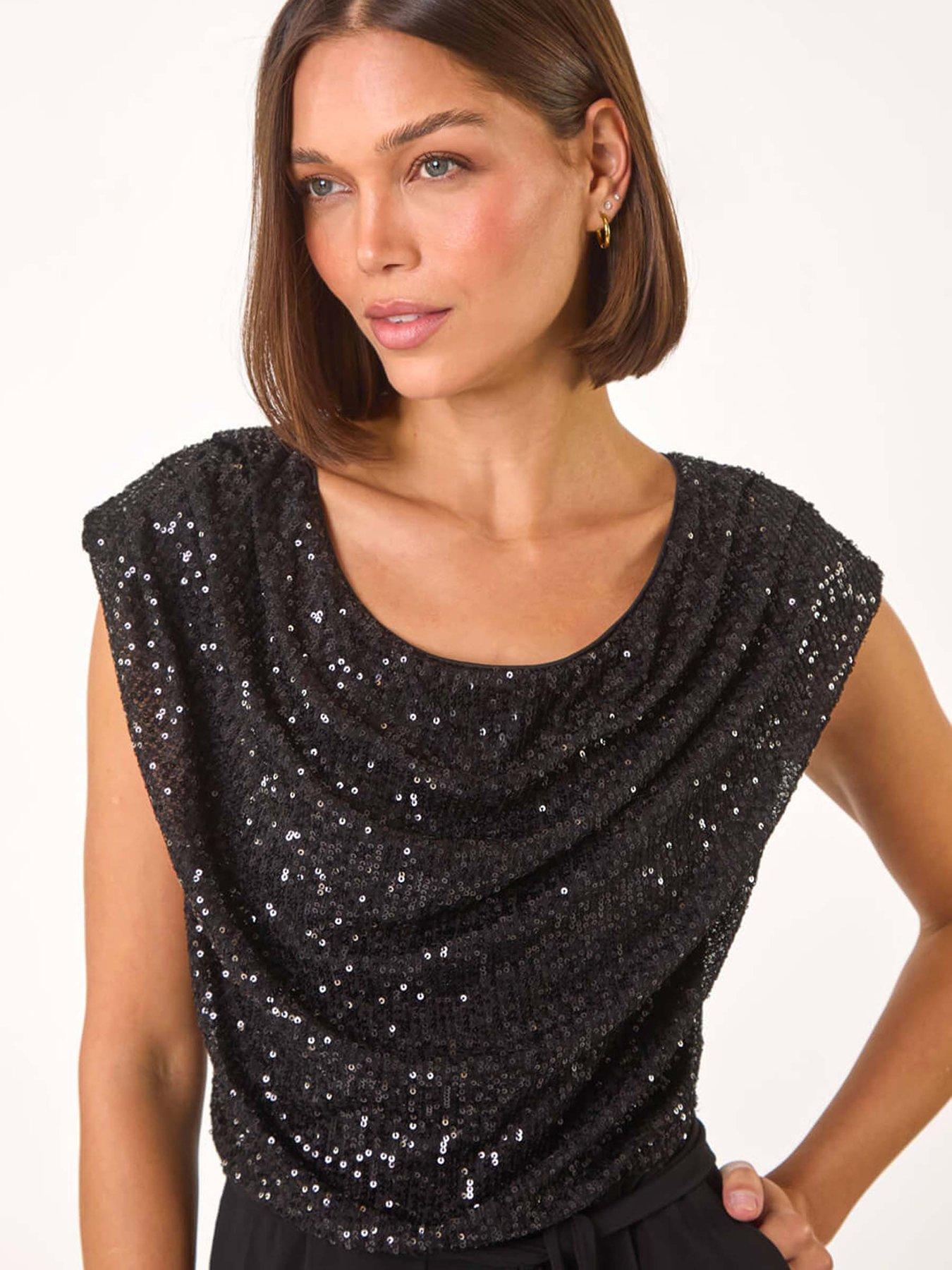 Image 4 of 5 of Roman Sequin Bodice Cowl Neck Jumpsuit - Black