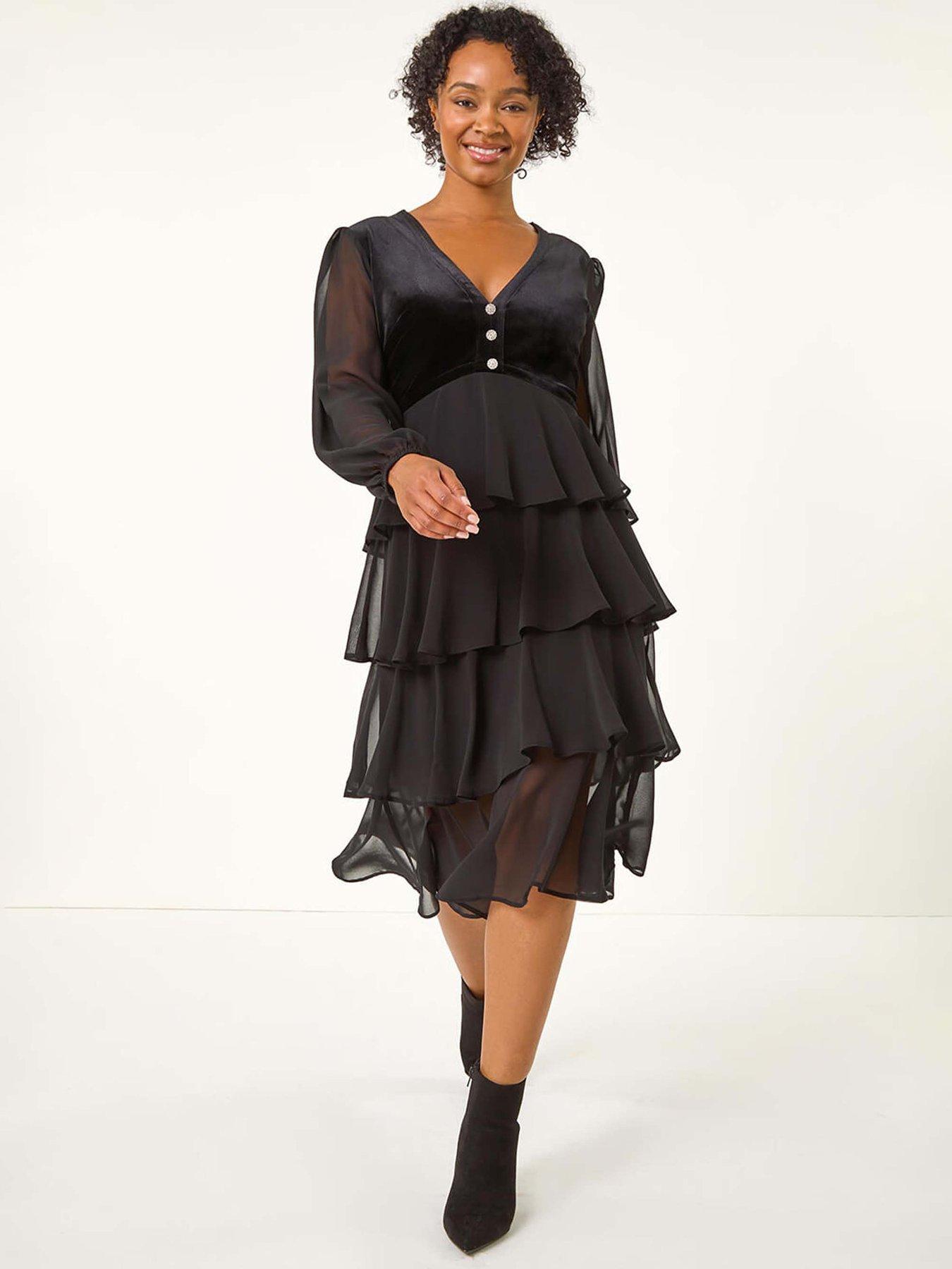roman-petite-velvet-tiered-midi-stretch-dress-black