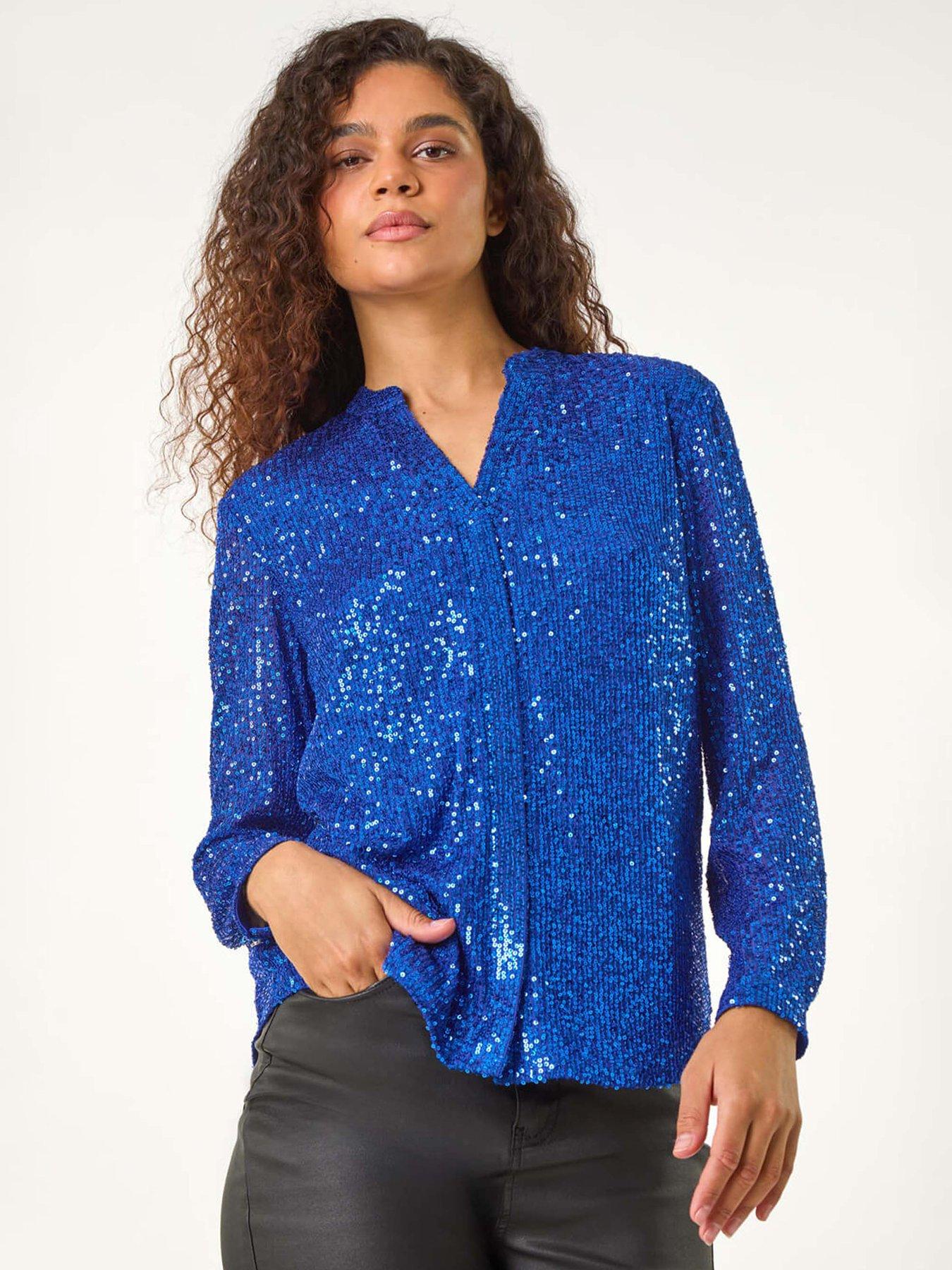 Roman Embellished Sequin Stretch Blouse - Royal Blue