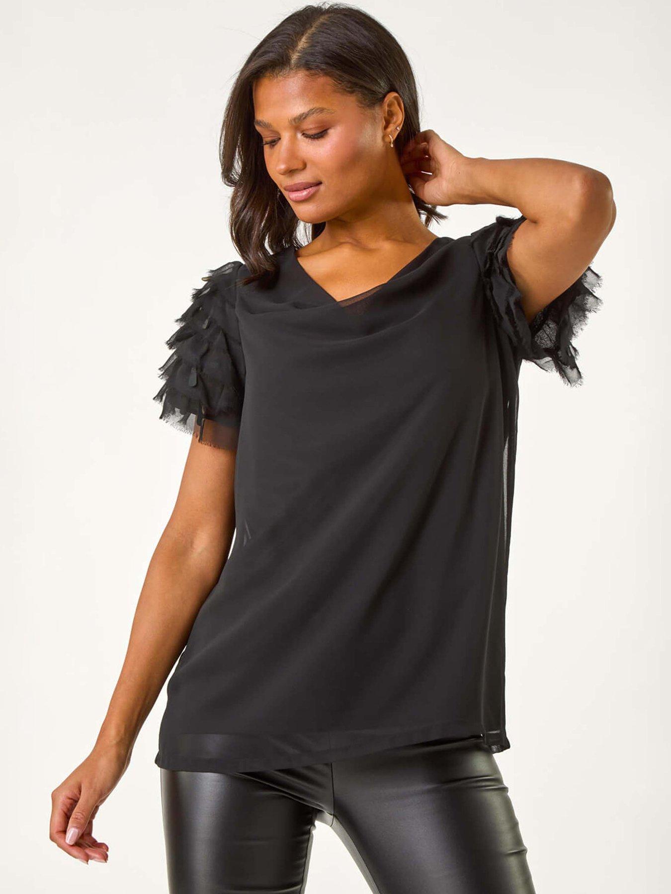 undefined Cowl Neck Shoulder Sequin Frill Top - Black