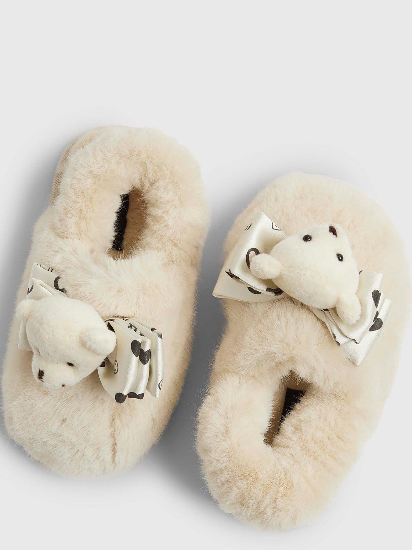  image of river-island-mini-mini-girls-bear-bow-slippers-cream