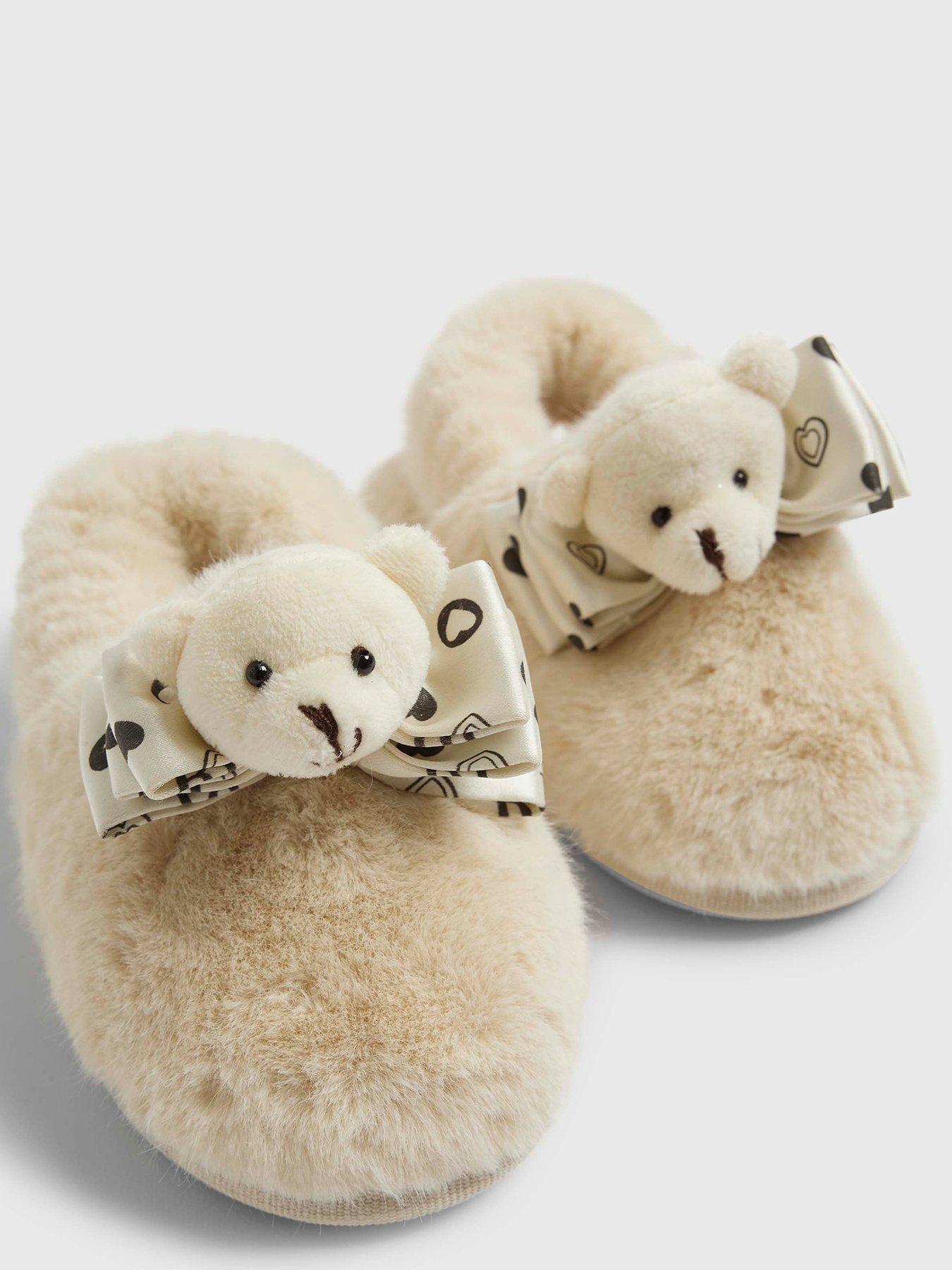  image of river-island-mini-mini-girls-bear-bow-slippers-cream