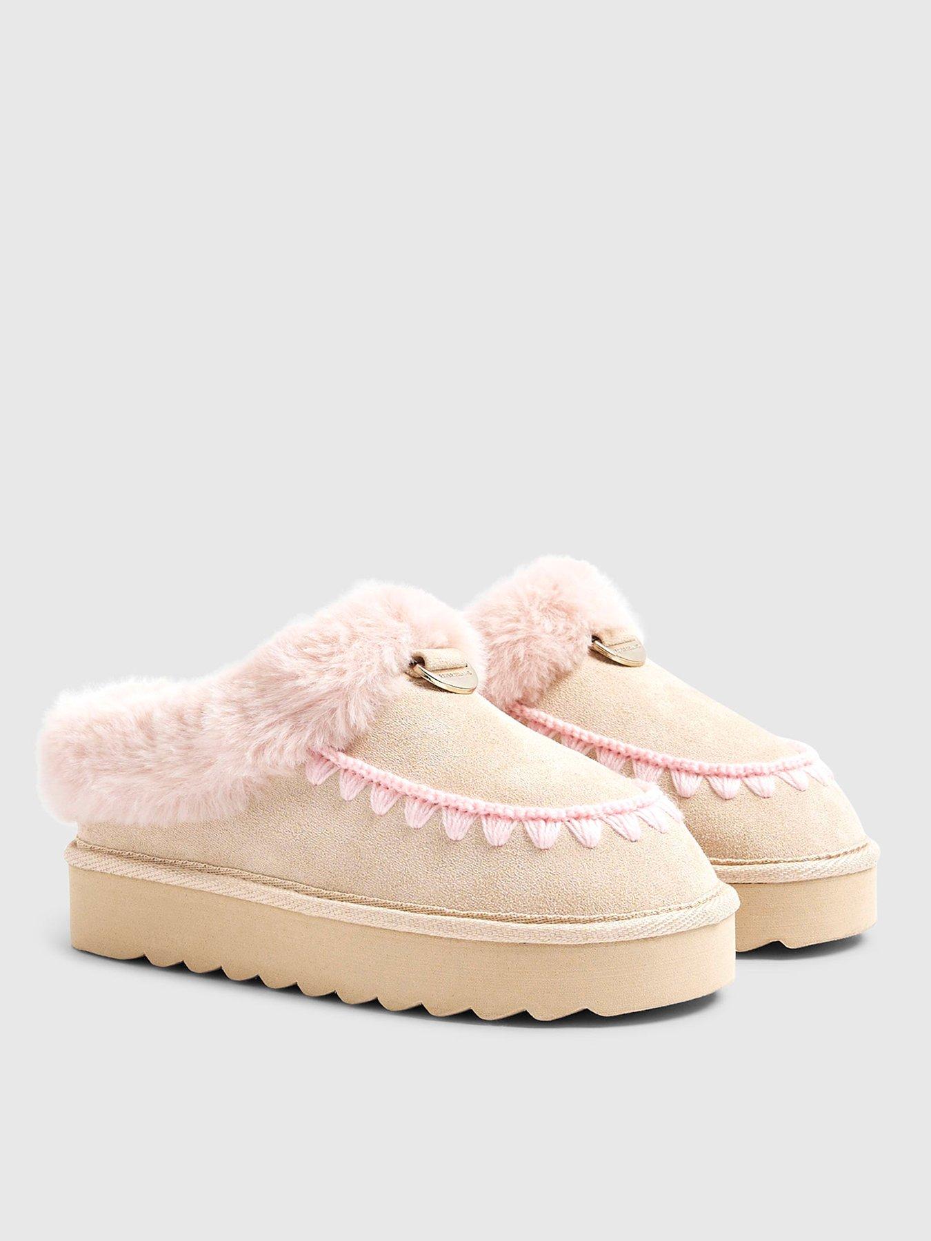  image of river-island-older-girls-faux-fur-slippers-beige