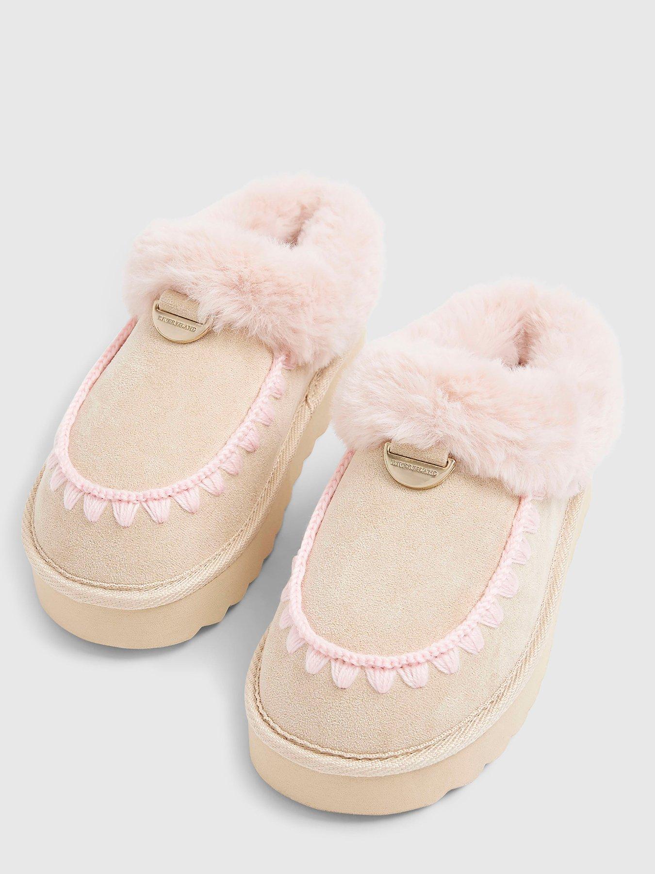  image of river-island-older-girls-faux-fur-slippers-beige
