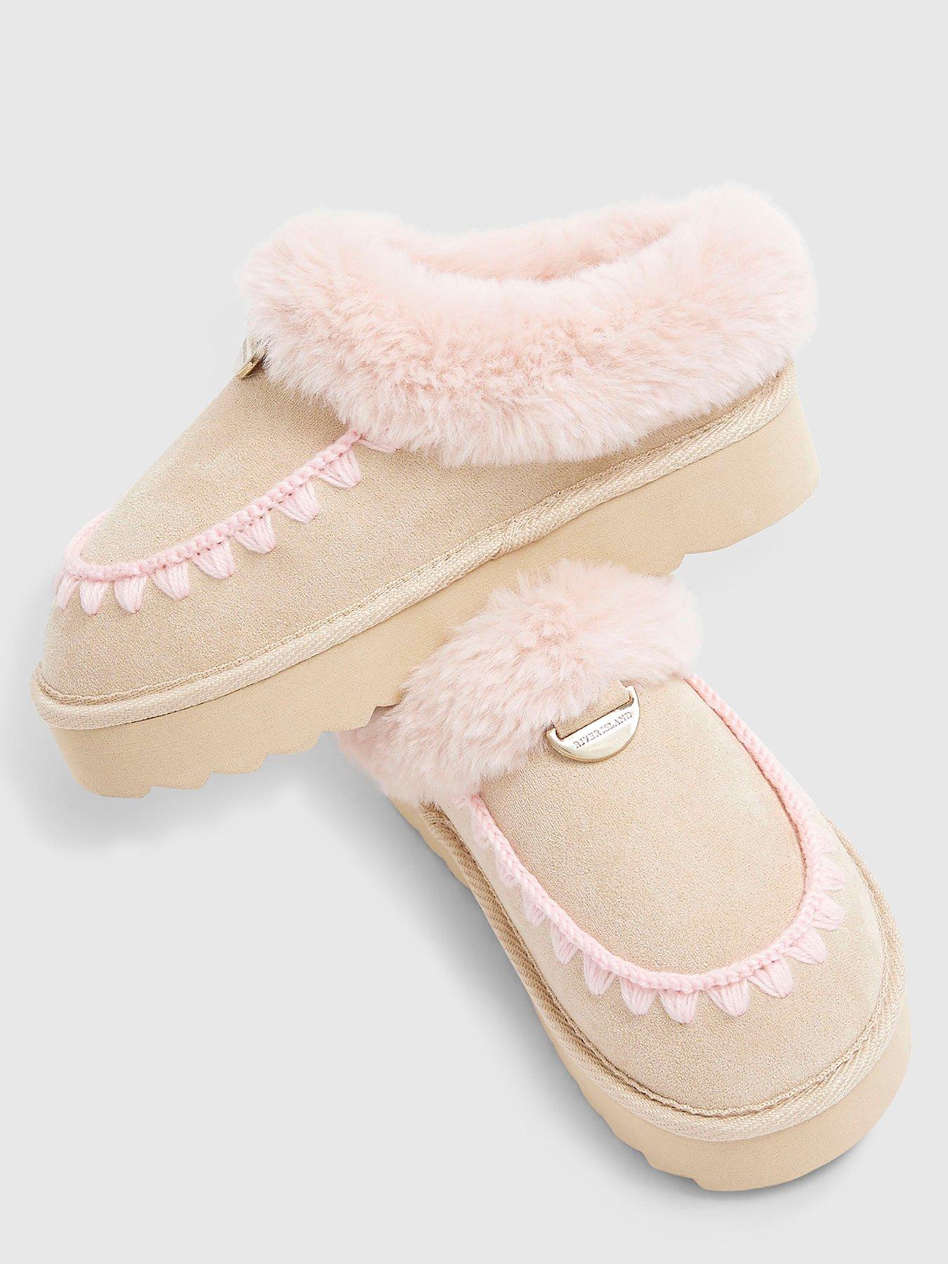  image of river-island-older-girls-faux-fur-slippers-beige