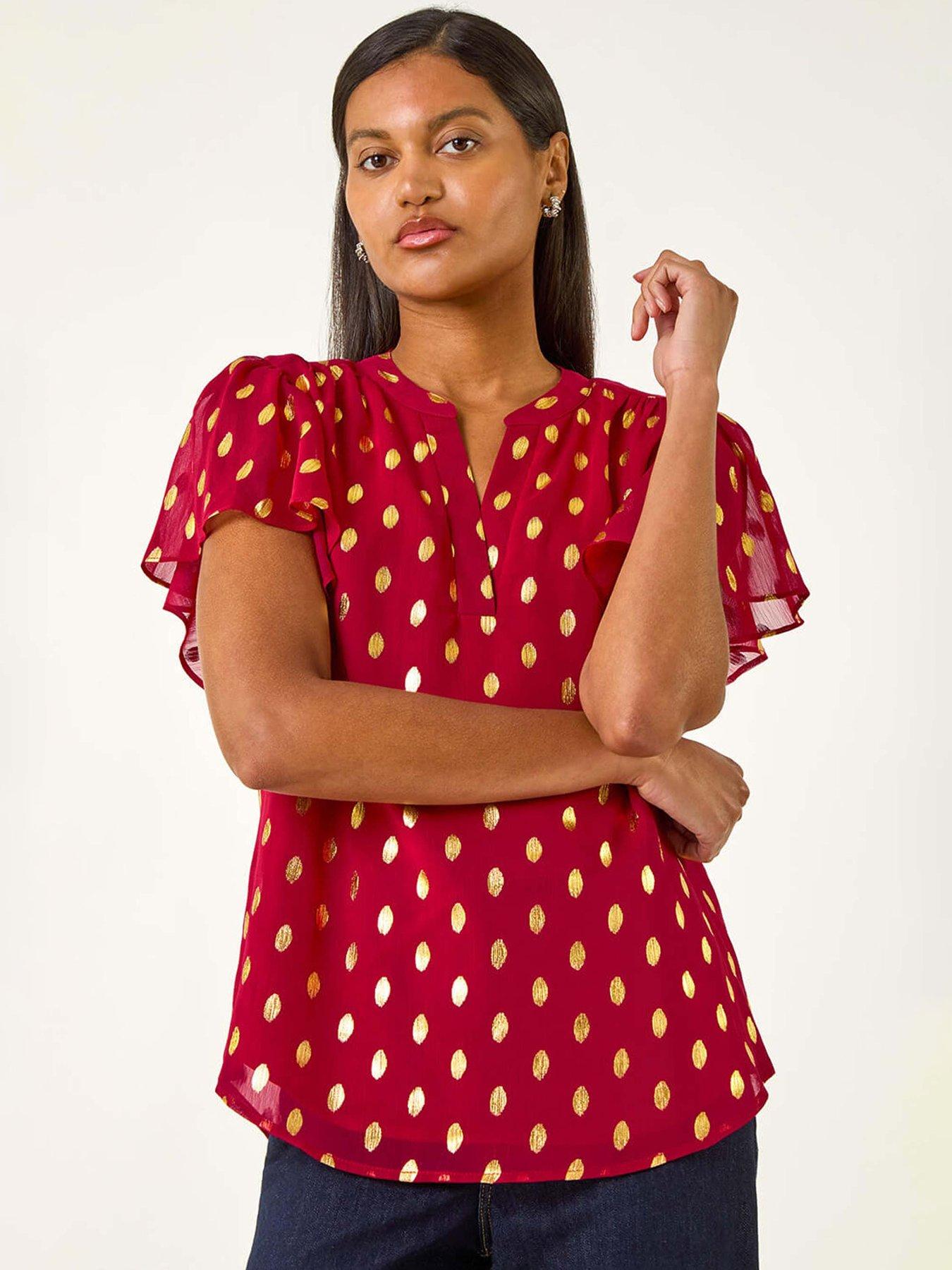 Roman Polka Dot Print V-neck Top - Red