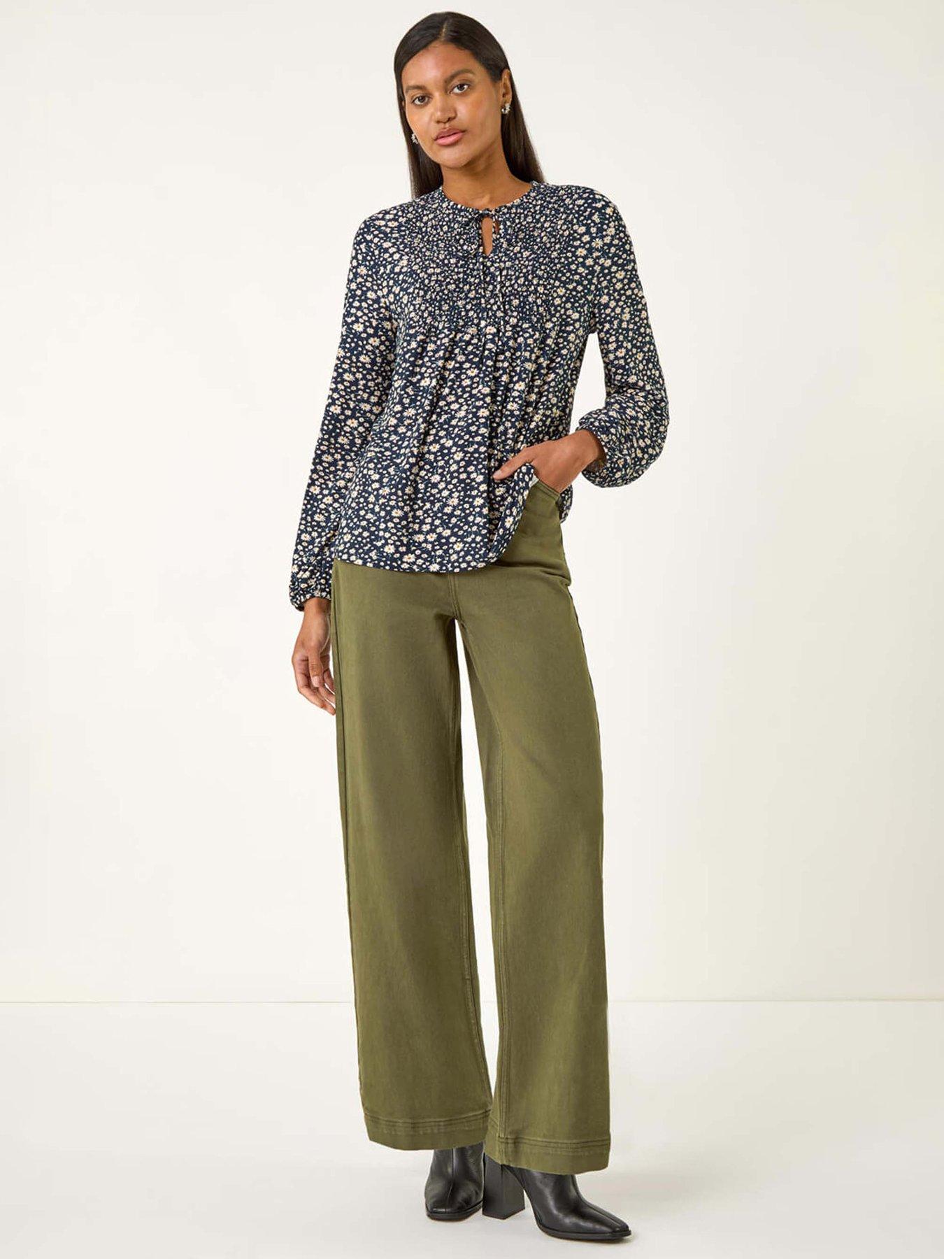  image of roman-printed-shirred-tie-neck-top-navy