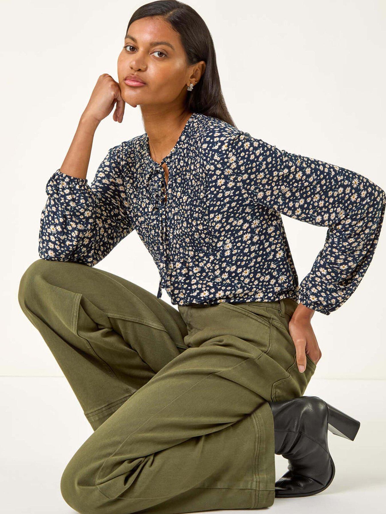  image of roman-printed-shirred-tie-neck-top-navy