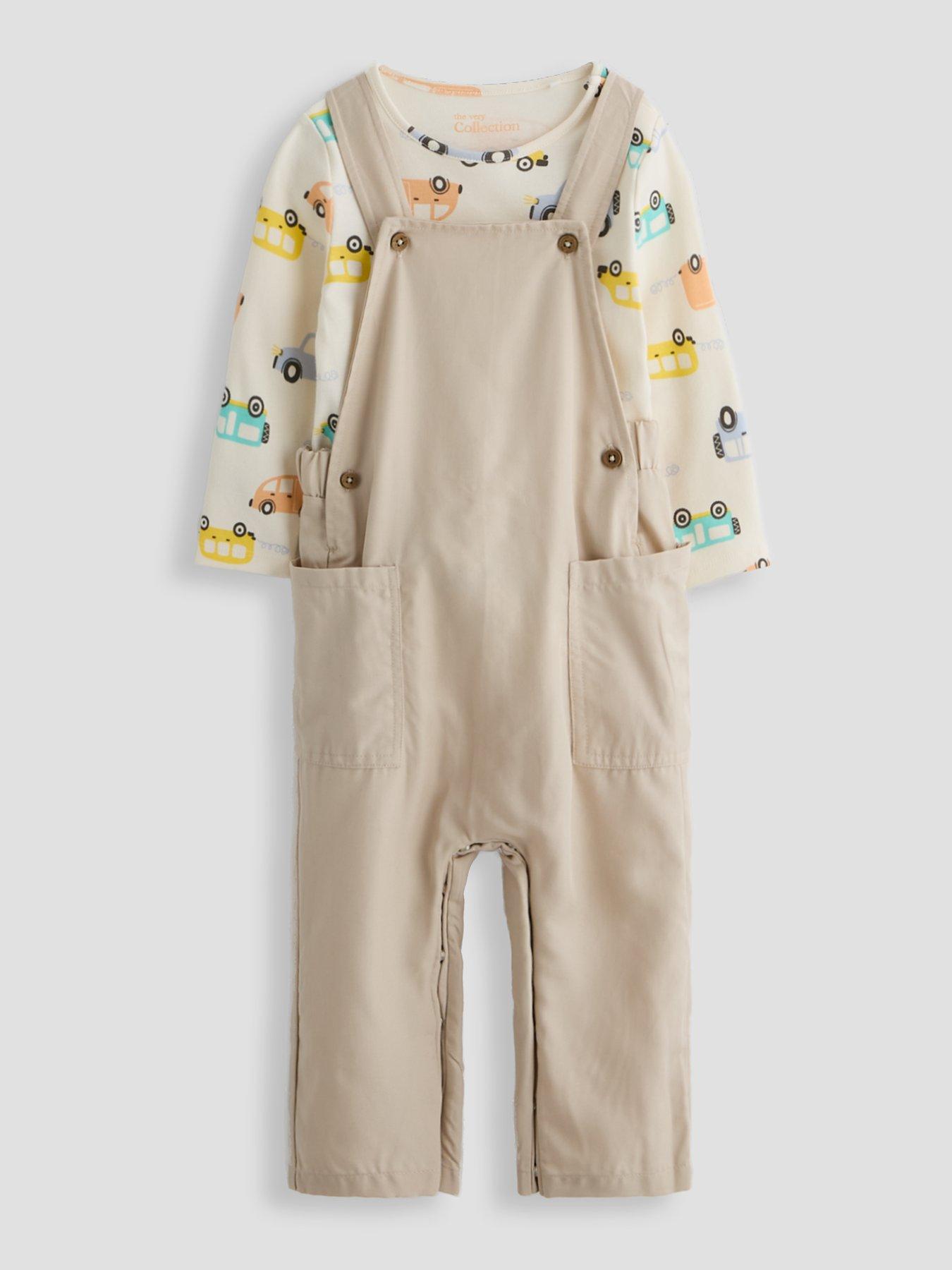 Image 1 of 4 of The Very Collection Transport Print Long Sleeve Tshirt And Dungaree Set - Cream