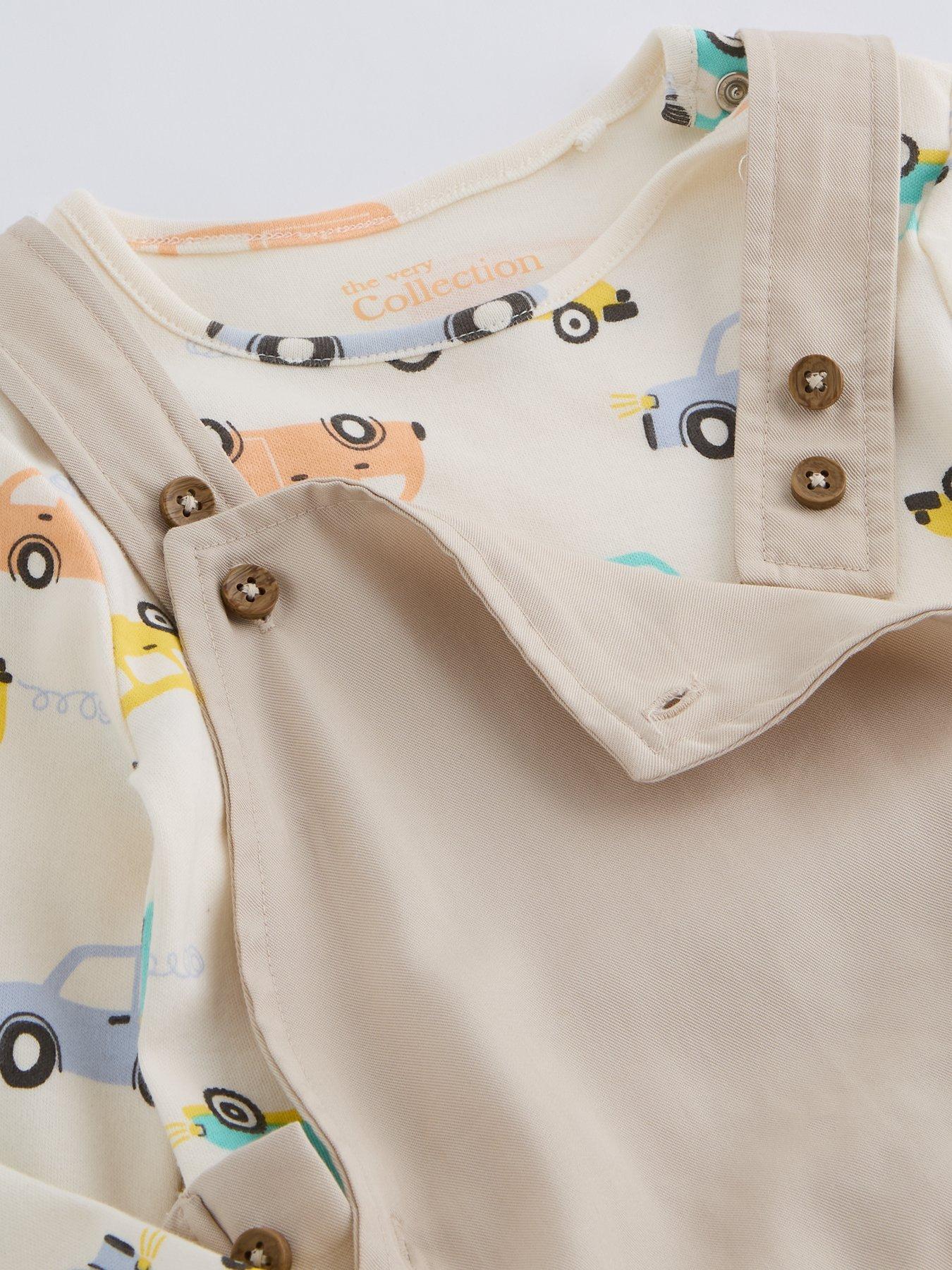Image 4 of 4 of The Very Collection Transport Print Long Sleeve Tshirt And Dungaree Set - Cream