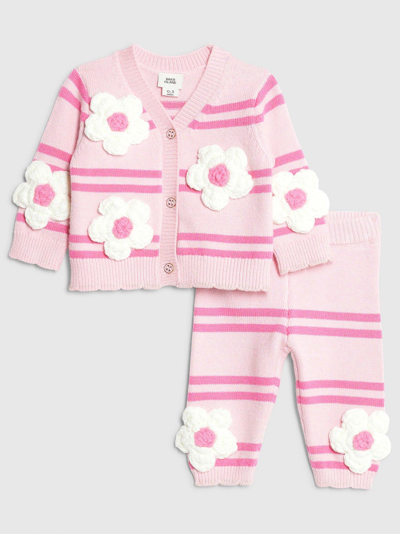 Image 1 of 5 of River Island Baby Girls Stripe Flower Cardigan Set - Pink