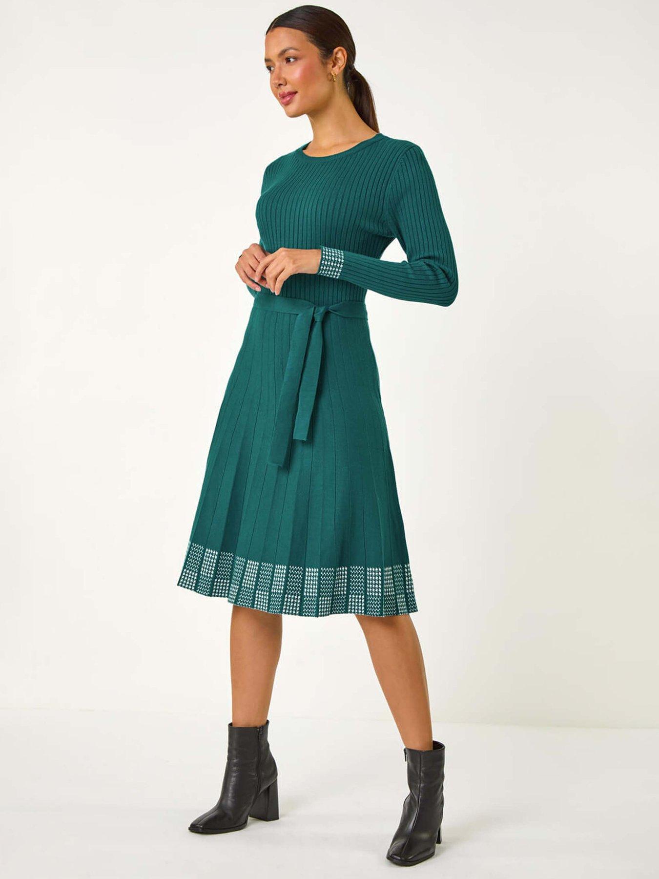 Roman Ribbed Stretch Knit Border Print Dress - Teal | Littlewoods