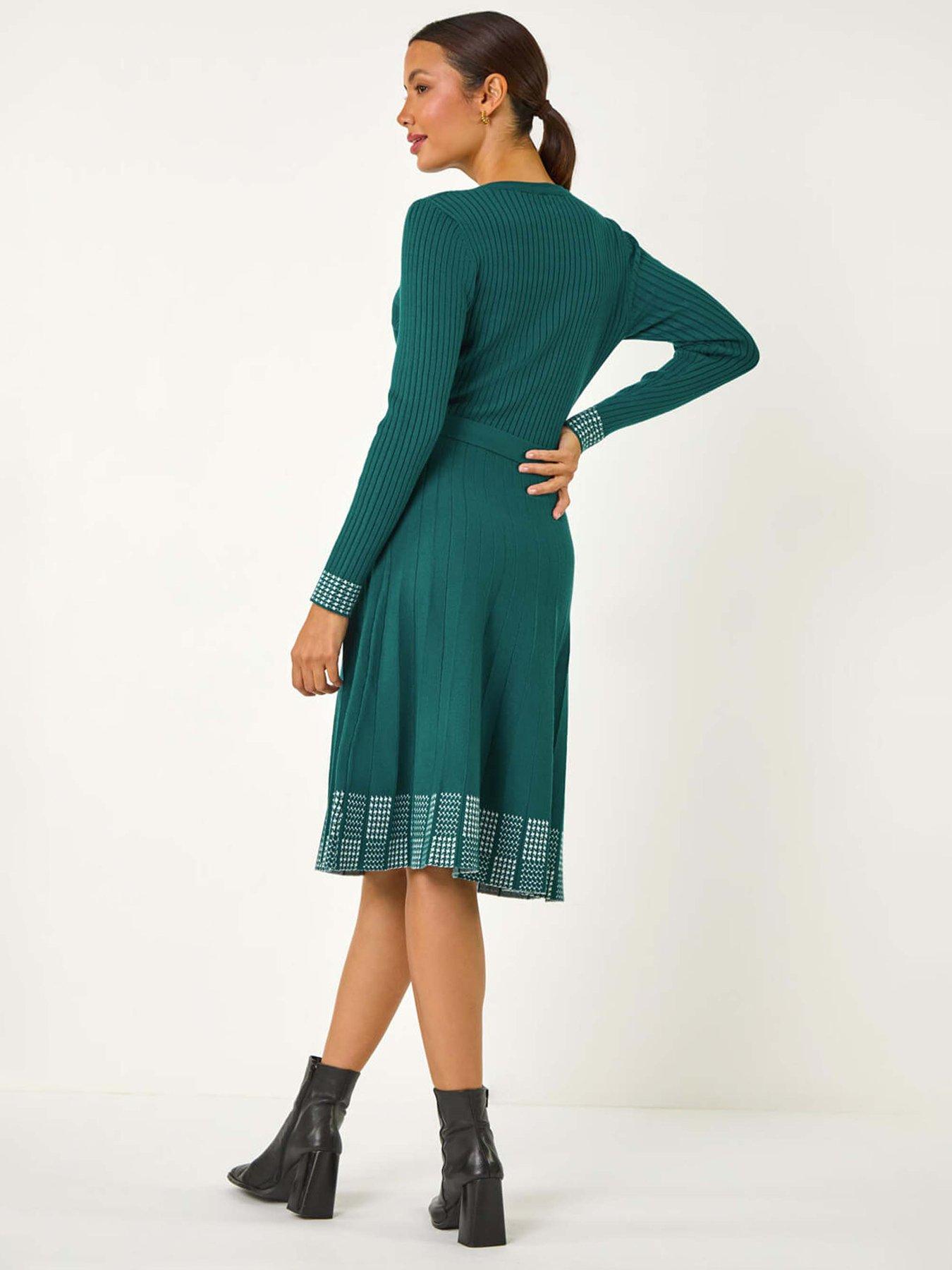 Roman Ribbed Stretch Knit Border Print Dress - Teal | Littlewoods