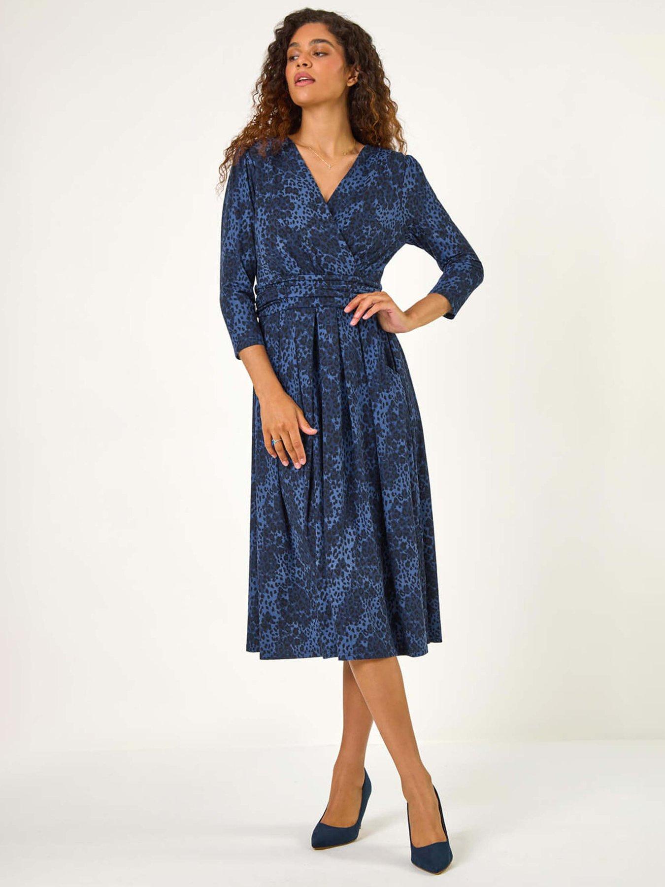 Roman Animal Print Mock Wrap Midi Dress - Blue