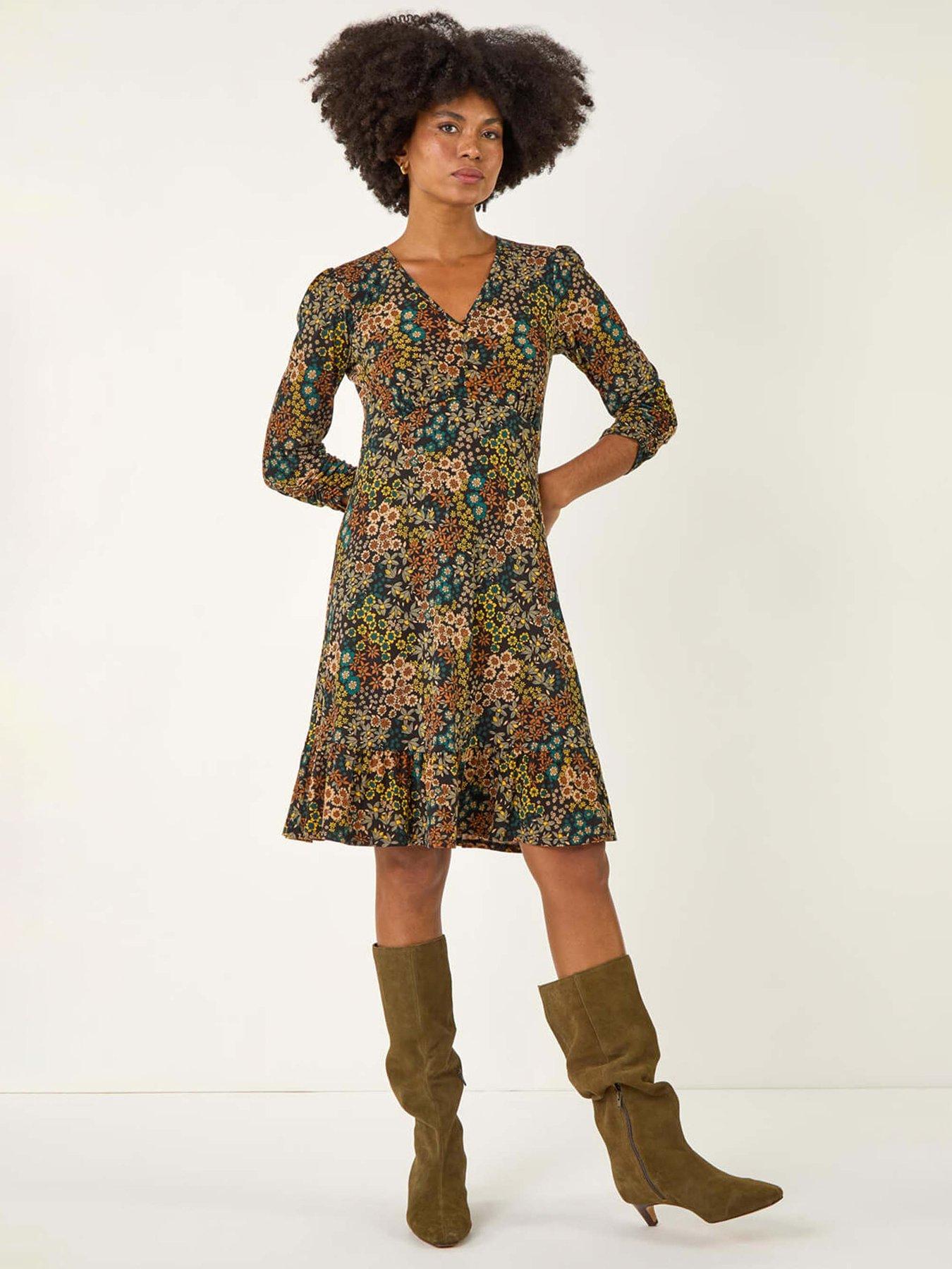 undefined Floral Print V-neck Stretch Dress - Teal