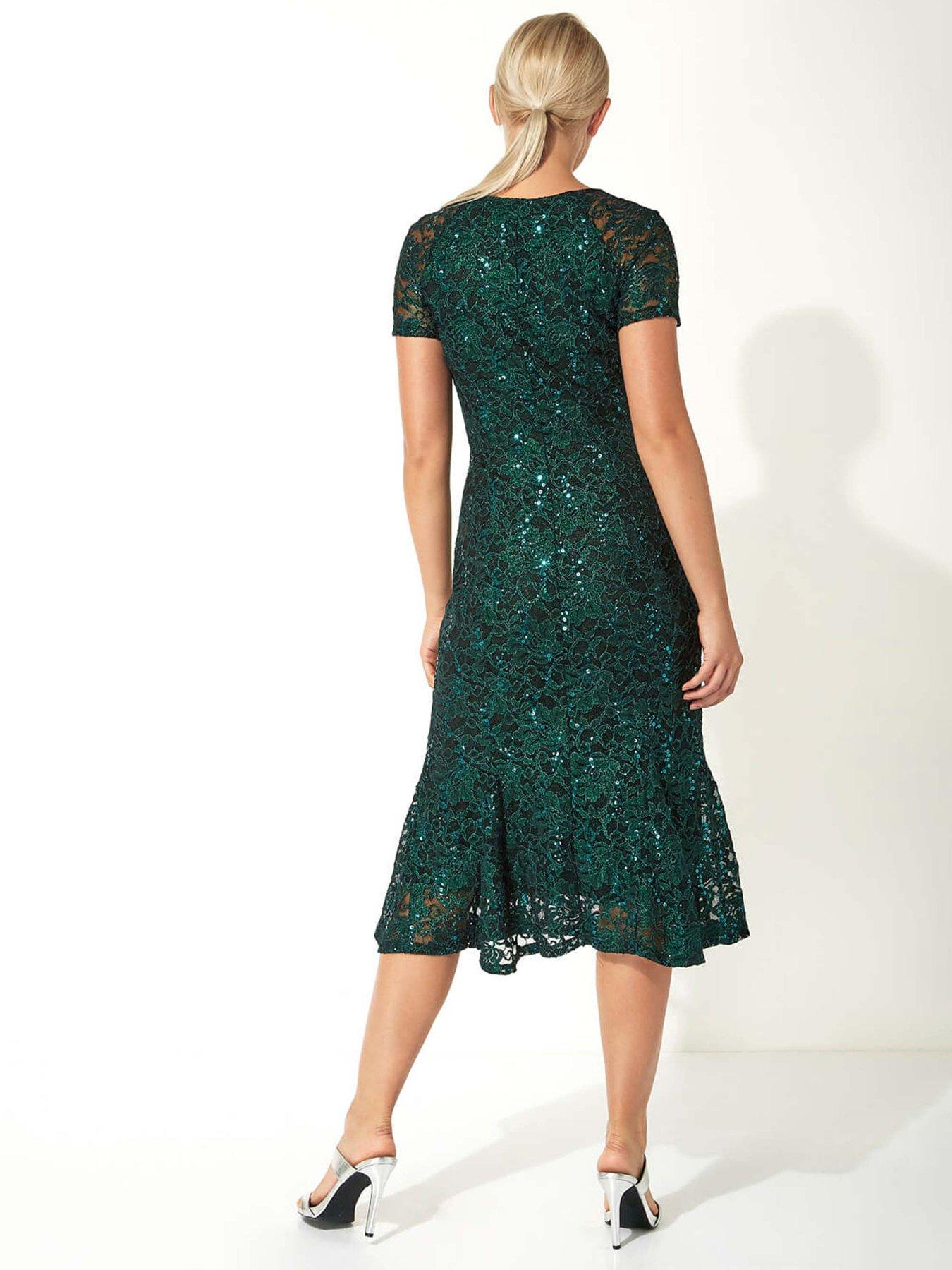 Image 2 of 3 of Roman Metallic Lace Sequin Midi Dress - Green