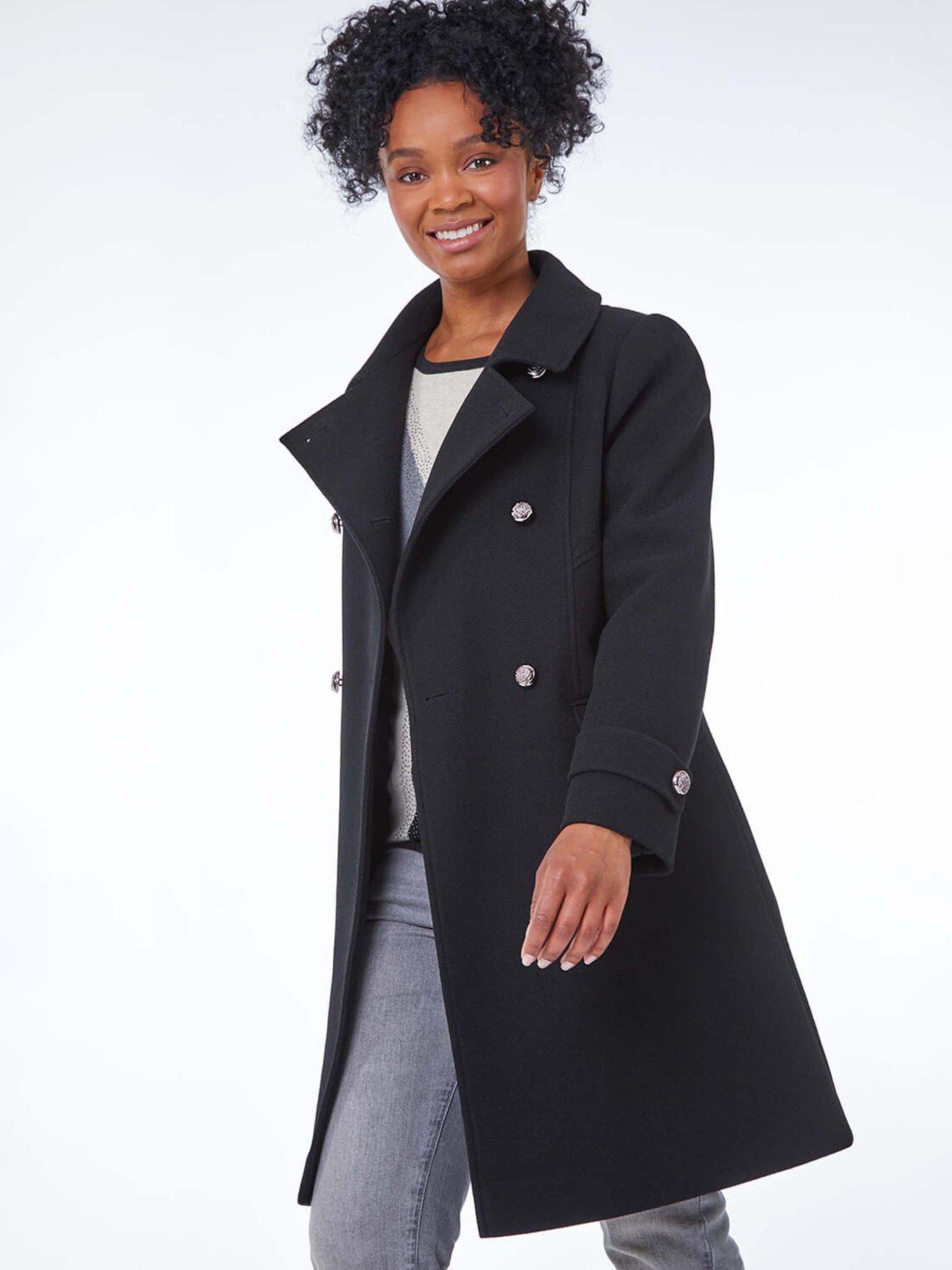 undefined Petite Double Breasted Military Coat - Black